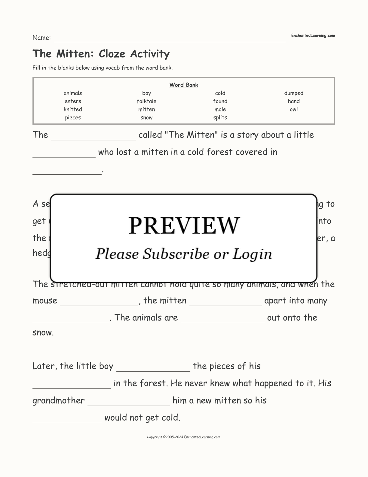 The Mitten: Cloze Activity interactive worksheet page 1
