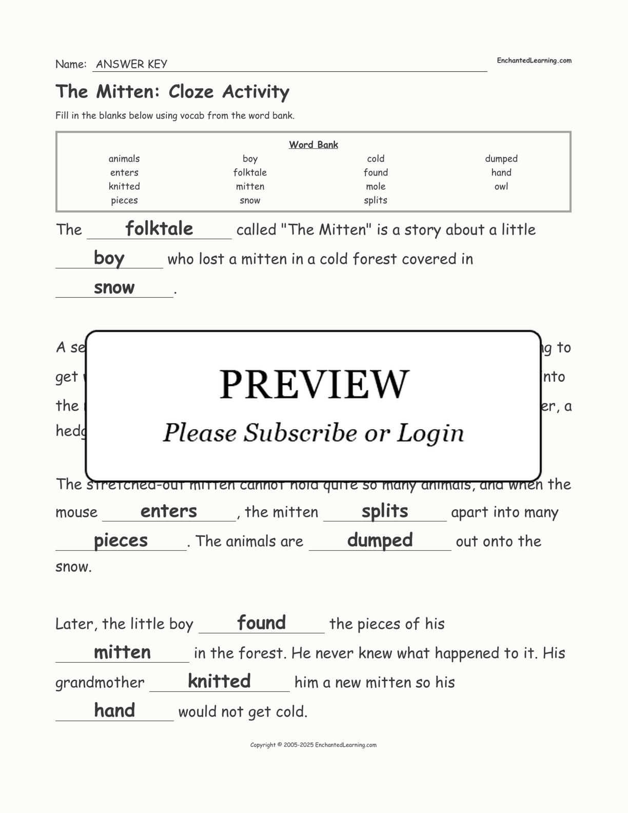 The Mitten: Cloze Activity interactive worksheet page 2