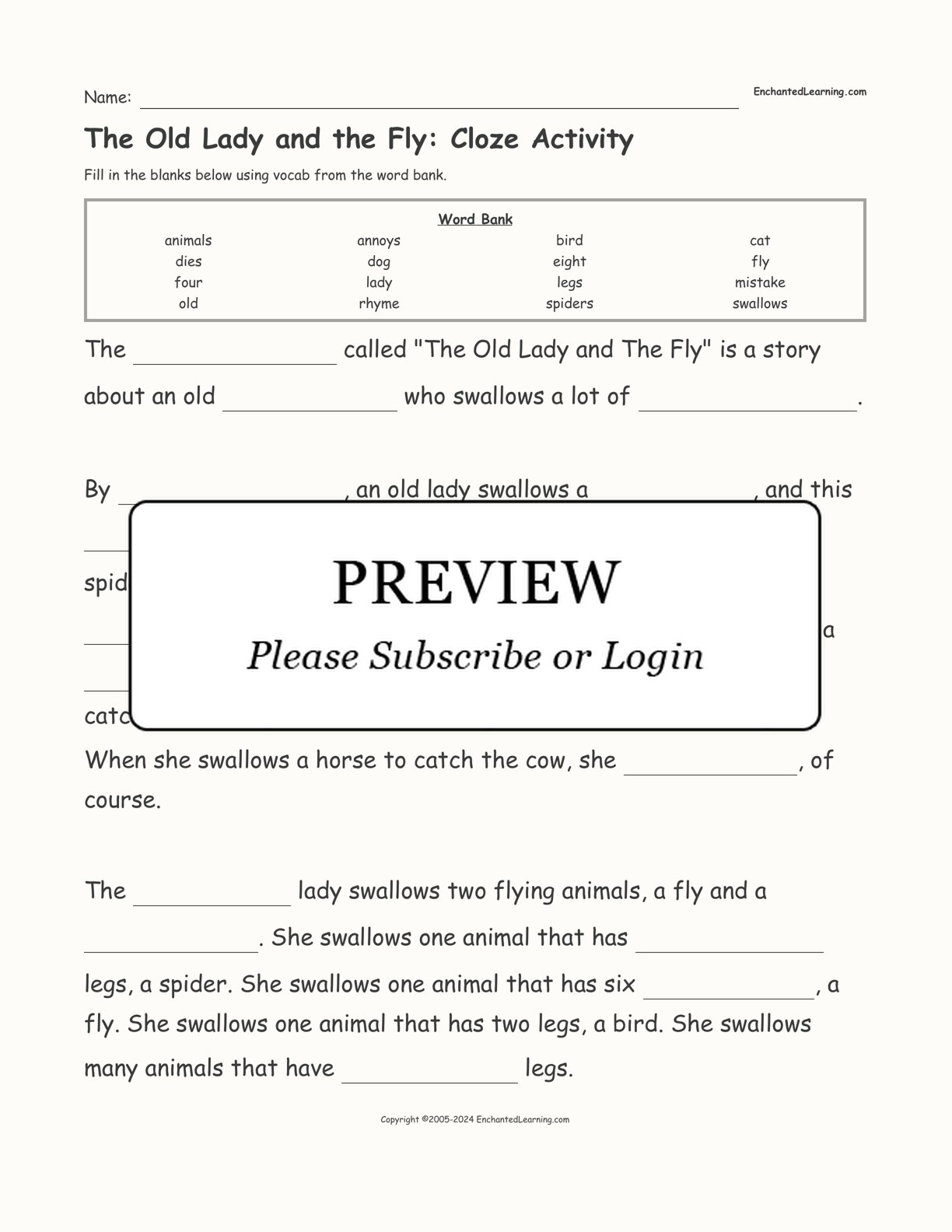 The Old Lady and the Fly: Cloze Activity interactive worksheet page 1