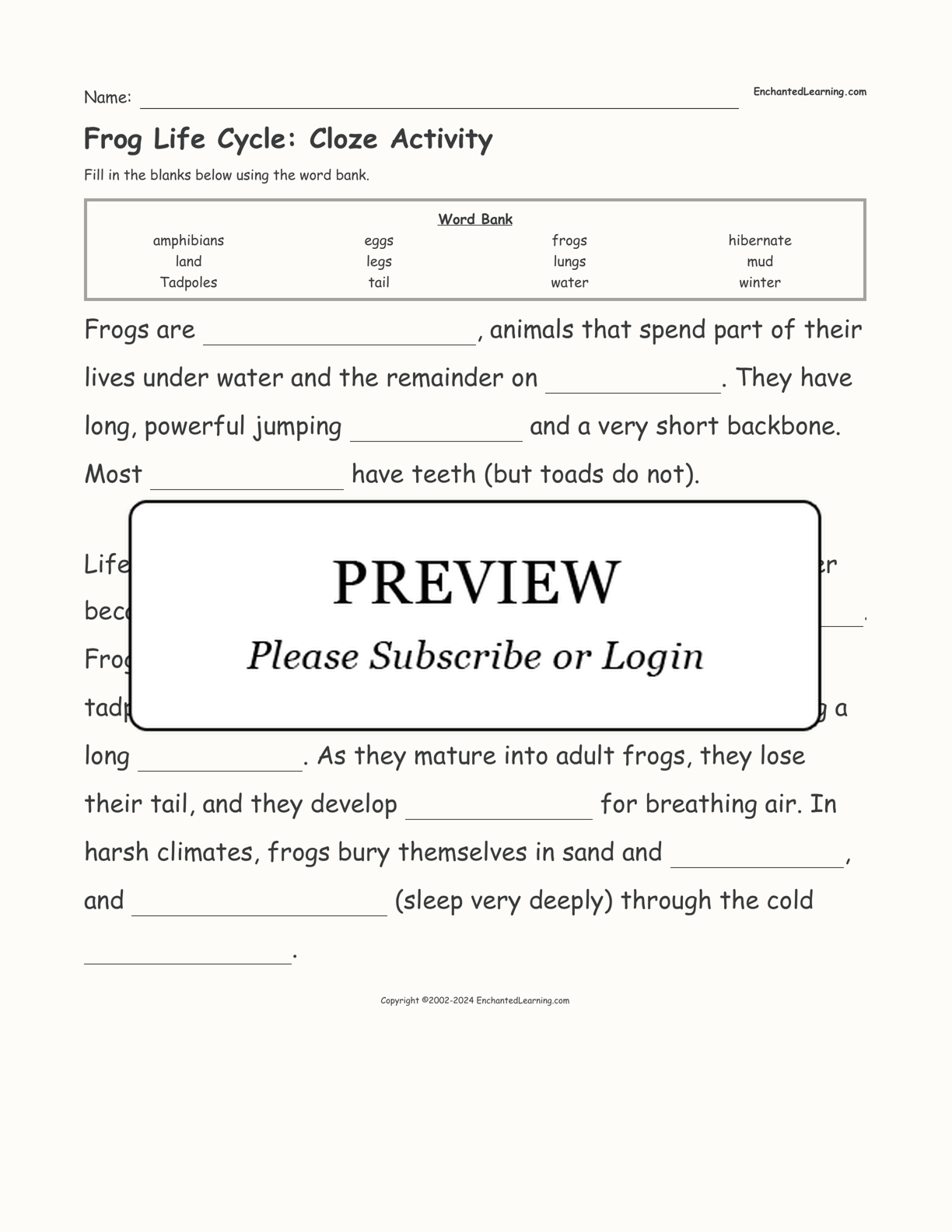 Frog Life Cycle: Cloze Activity interactive worksheet page 1