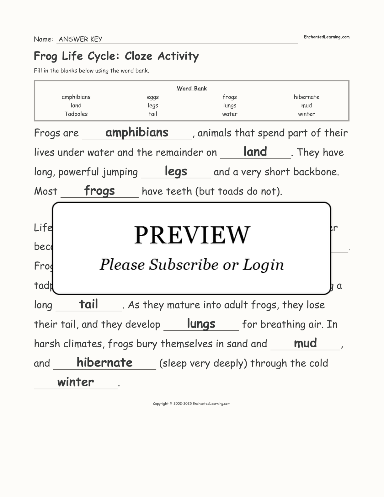 Frog Life Cycle: Cloze Activity interactive worksheet page 2