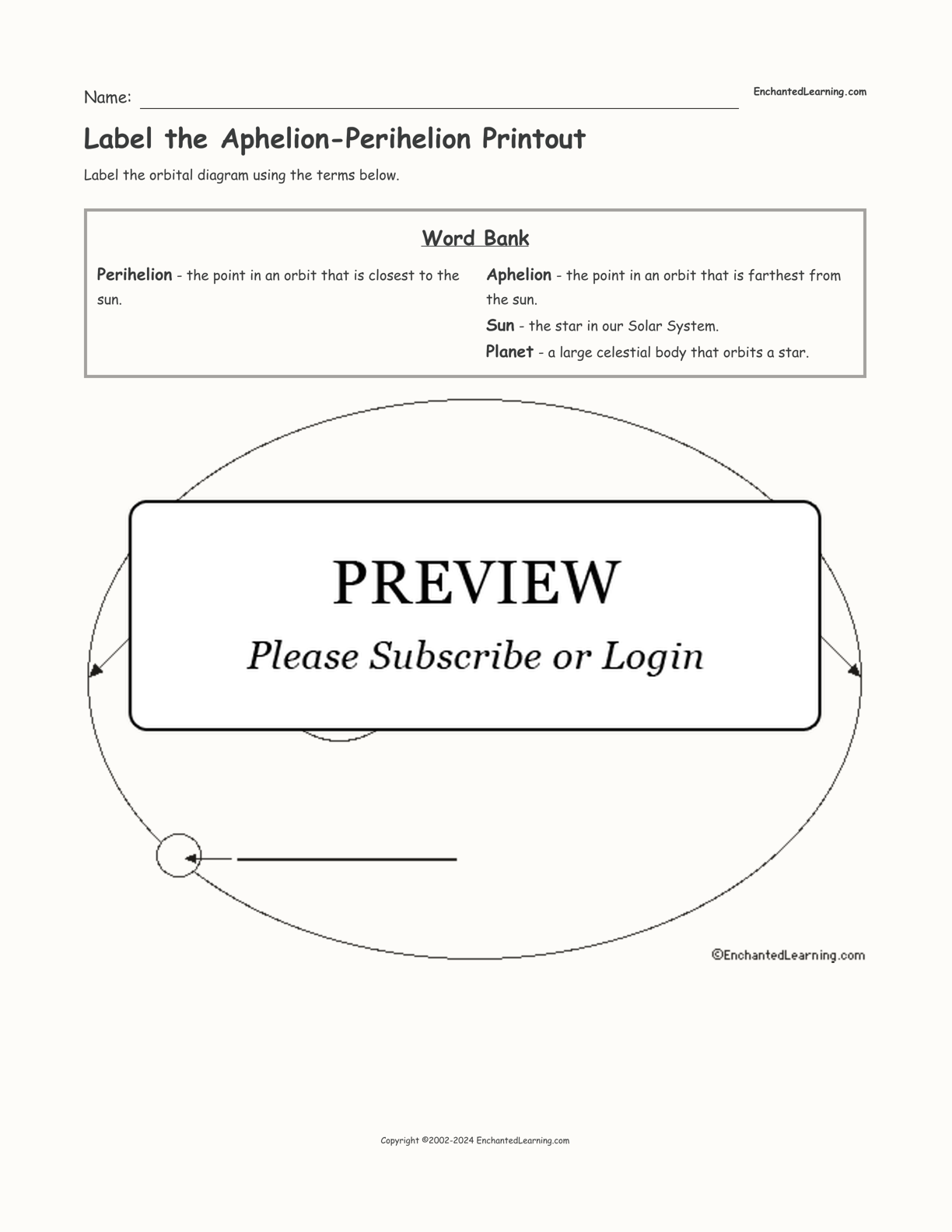 Label the Aphelion-Perihelion Printout interactive worksheet page 1