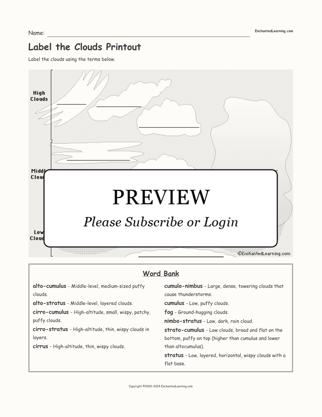 Label the Clouds Printout interactive worksheet page 1