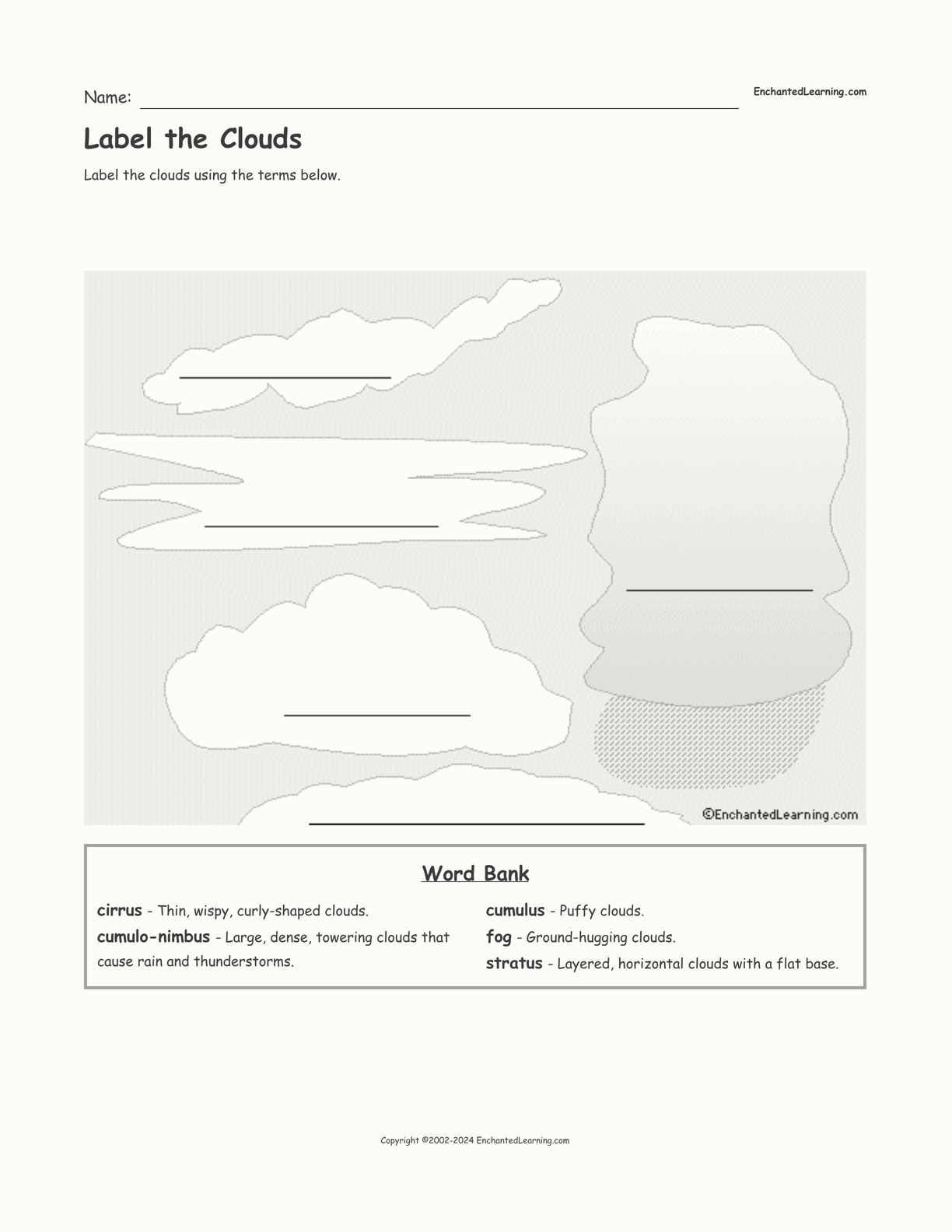 Label the Clouds interactive worksheet page 1