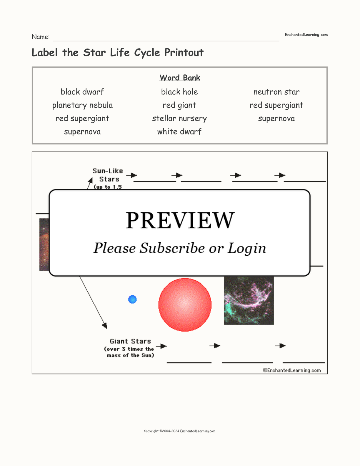 Label the Star Life Cycle Printout interactive worksheet page 1