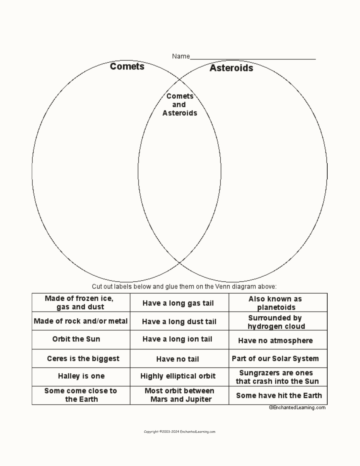 Comets and Asteroids Venn Diagram interactive worksheet page 1