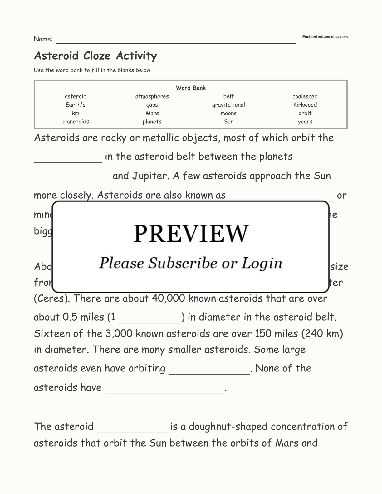 Asteroid Cloze Activity interactive worksheet page 1