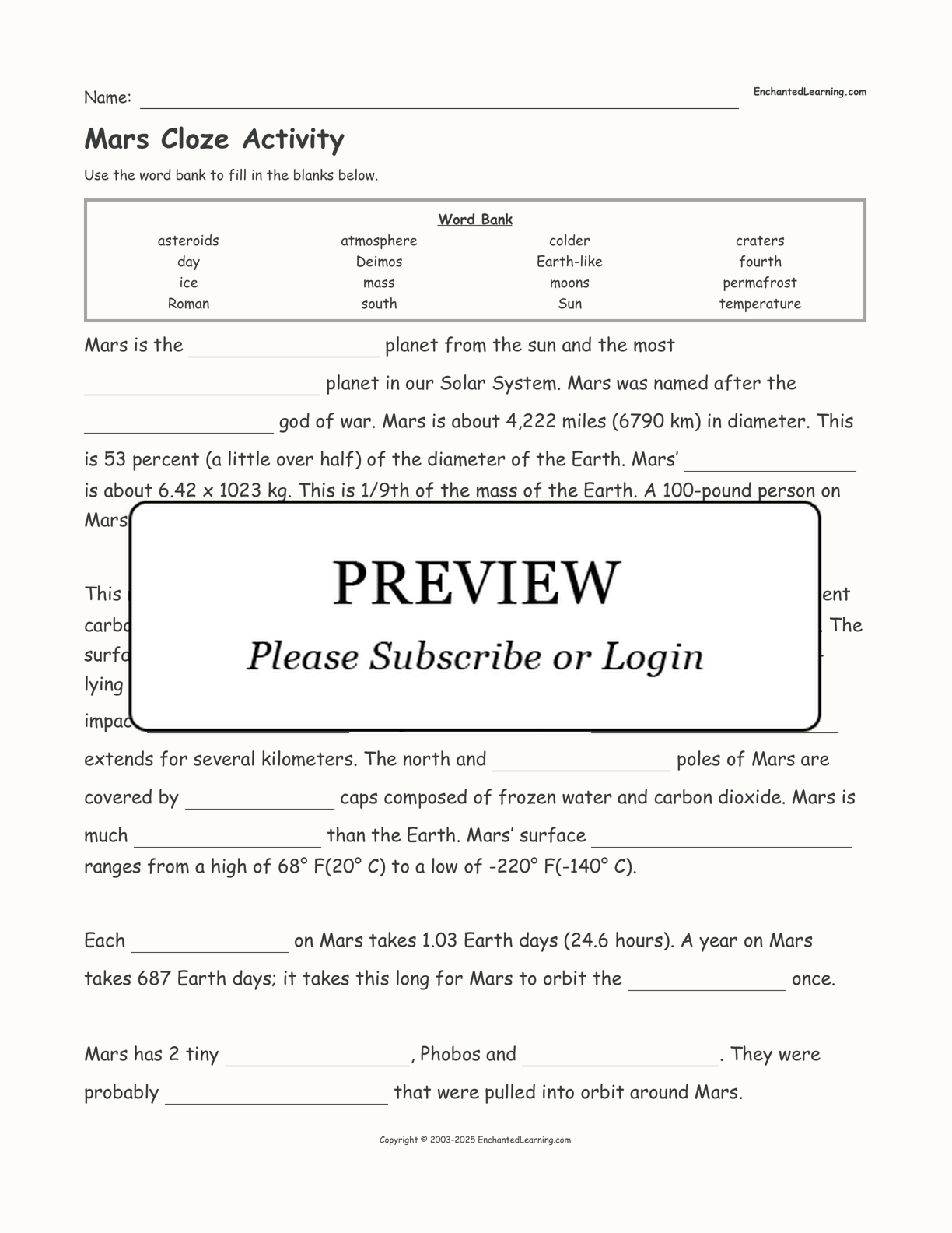 Mars Cloze Activity interactive worksheet page 1