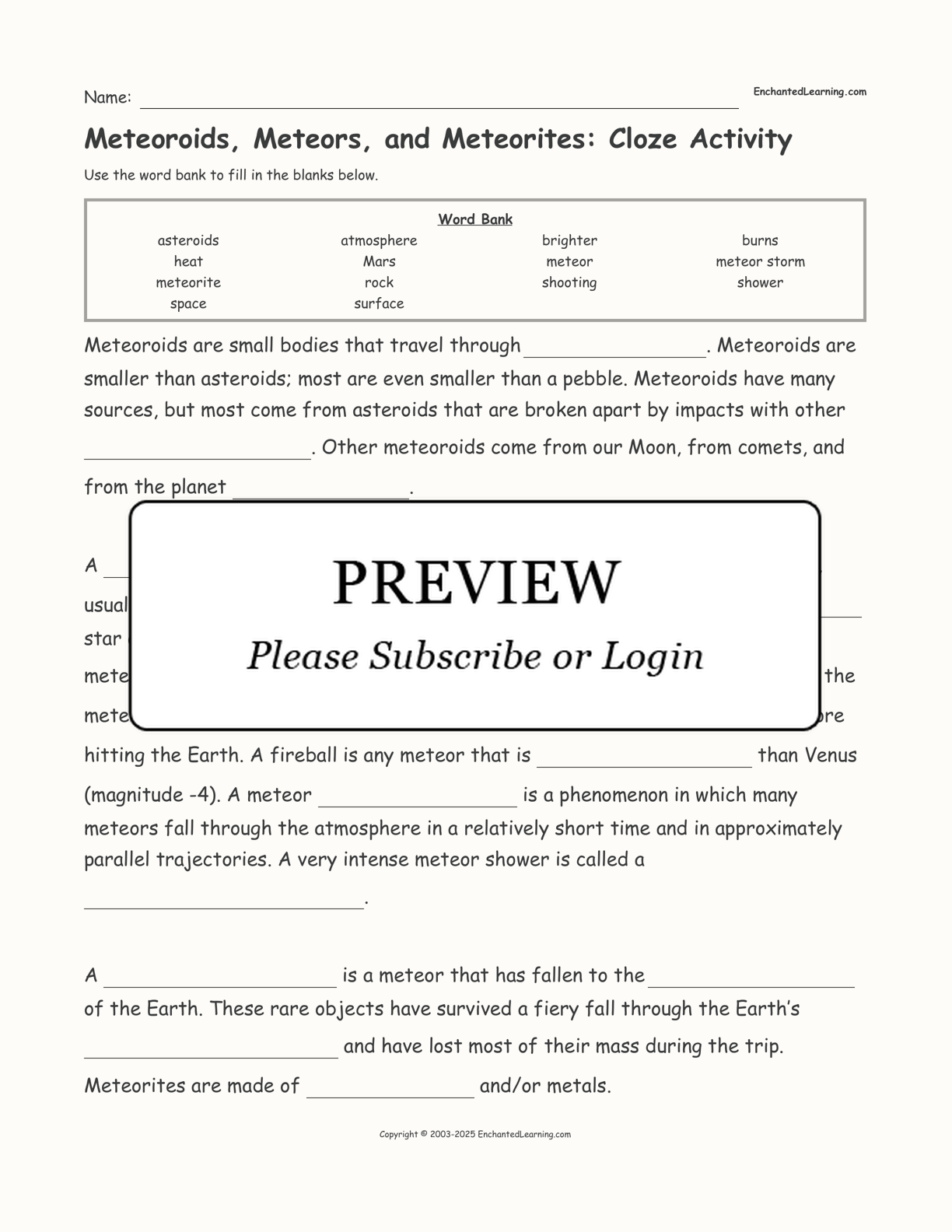 Meteoroids, Meteors, and Meteorites: Cloze Activity interactive worksheet page 1