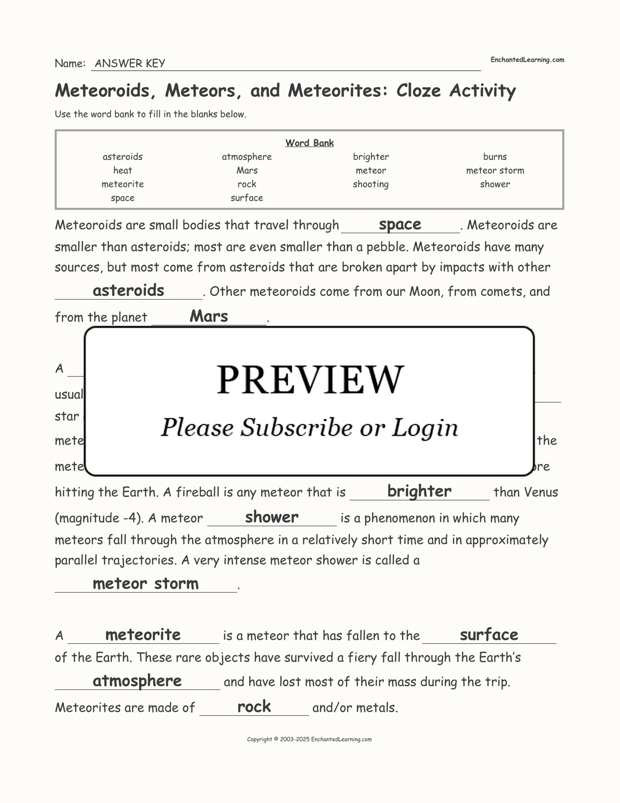 Meteoroids, Meteors, and Meteorites: Cloze Activity interactive worksheet page 2