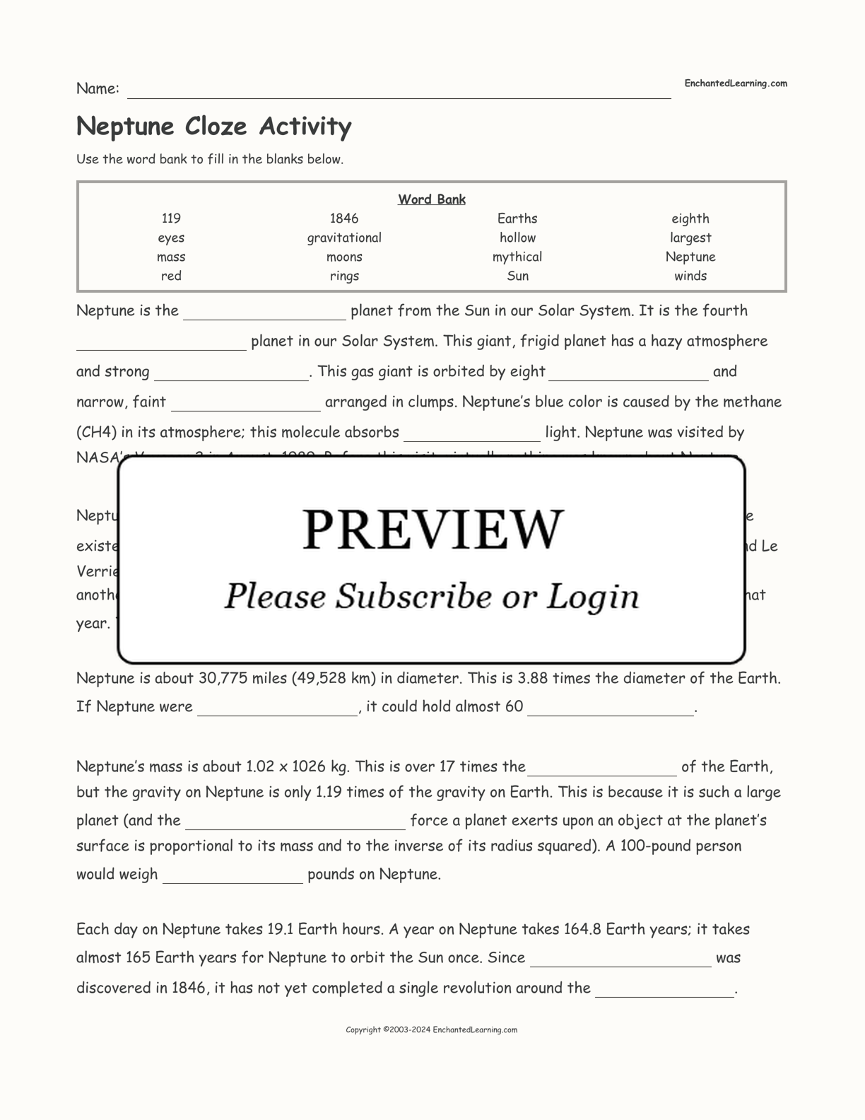 Neptune Cloze Activity interactive worksheet page 1
