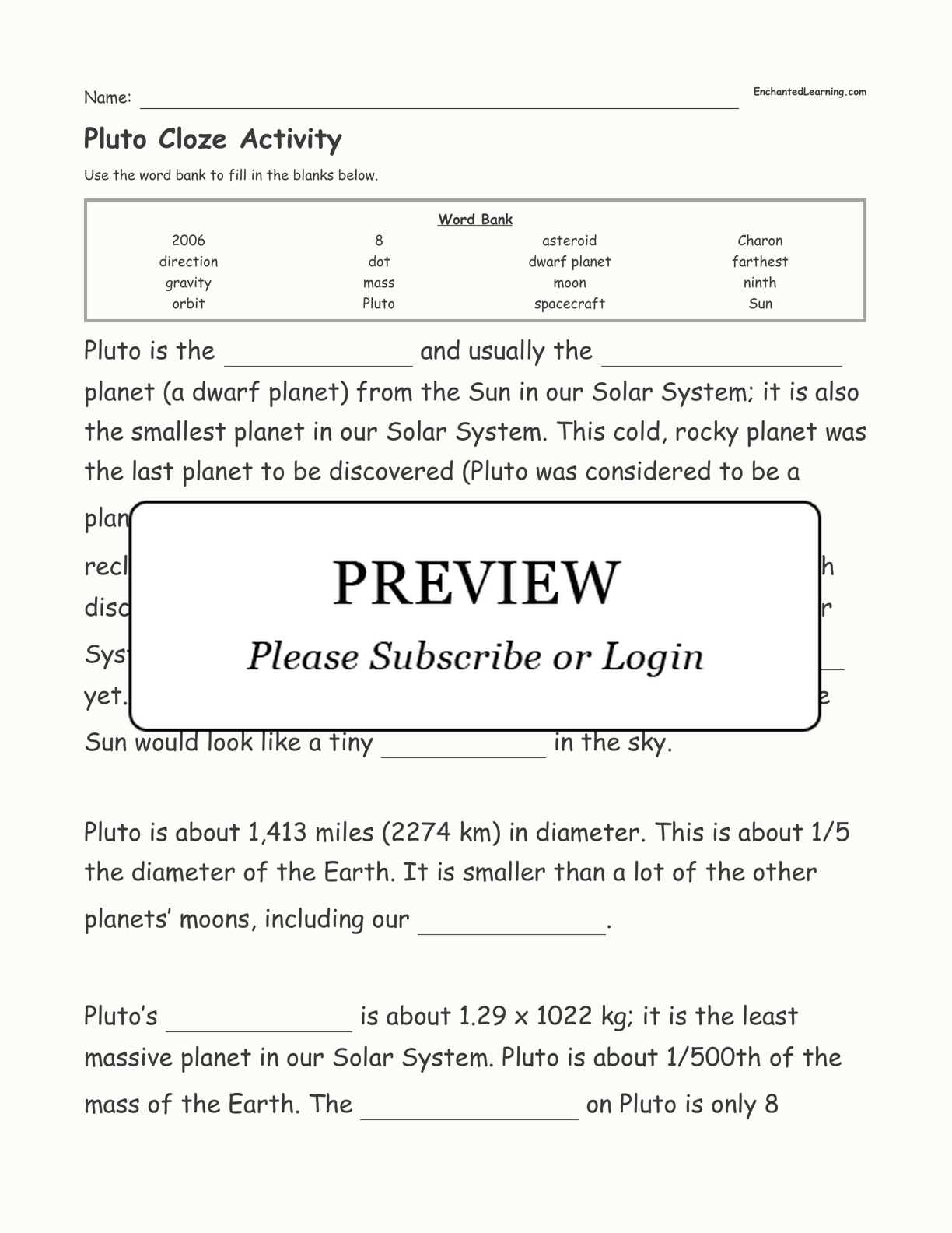 Pluto Cloze Activity interactive worksheet page 1
