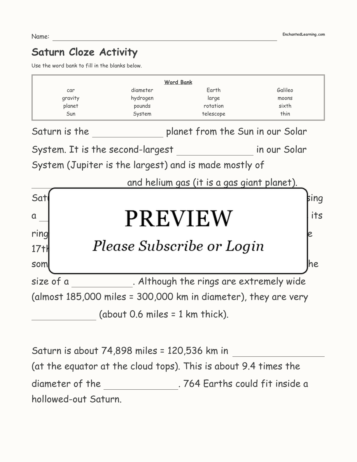 Saturn Cloze Activity interactive worksheet page 1