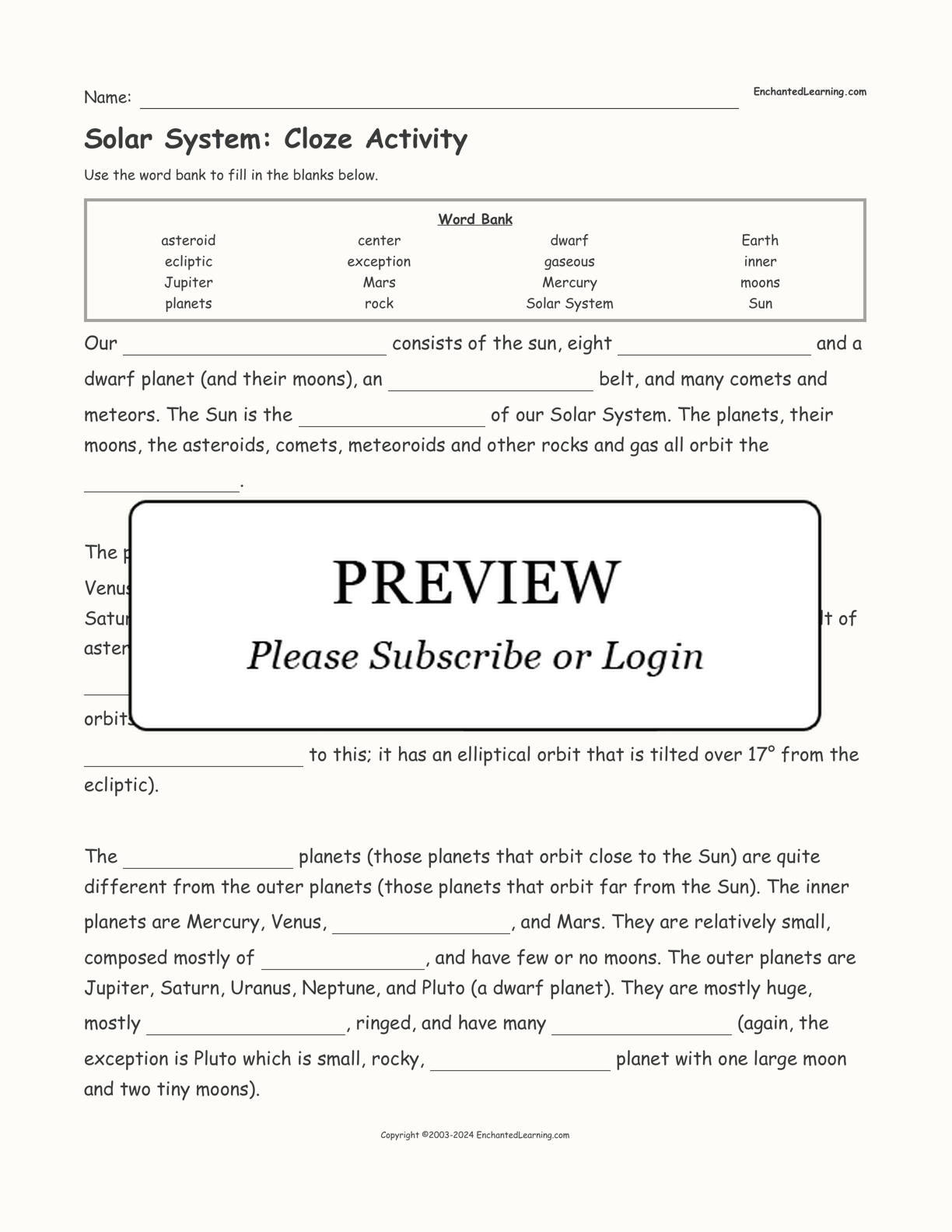 Solar System: Cloze Activity interactive worksheet page 1
