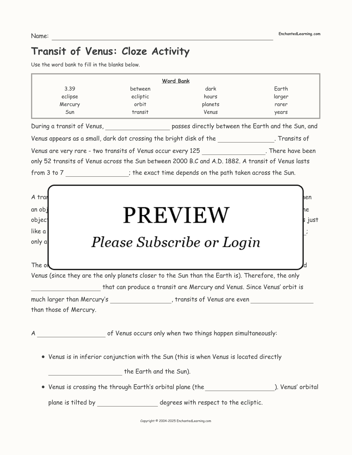 Transit of Venus: Cloze Activity interactive worksheet page 1