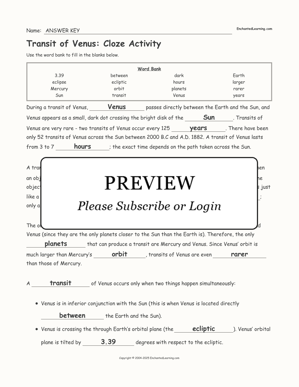 Transit of Venus: Cloze Activity interactive worksheet page 2