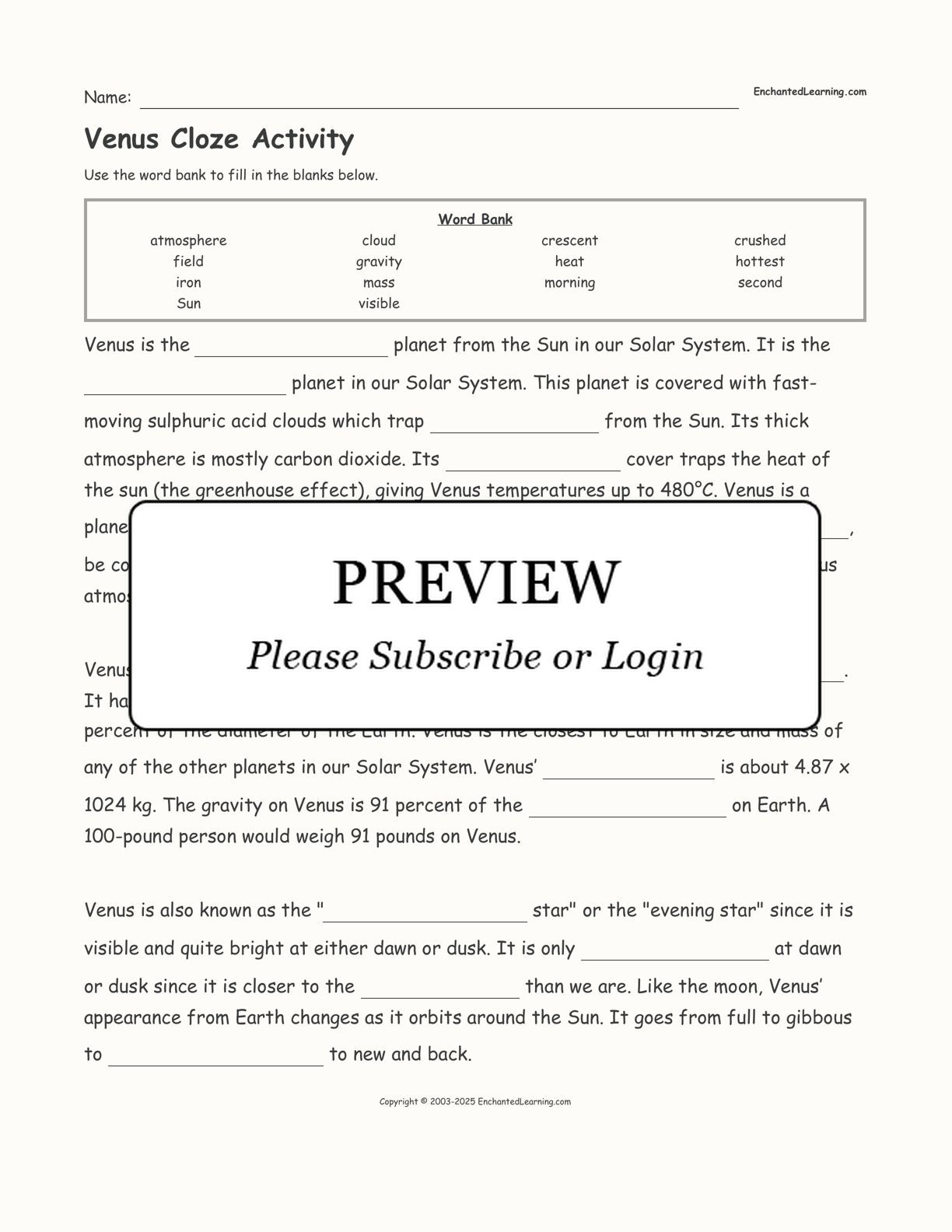 Venus Cloze Activity interactive worksheet page 1