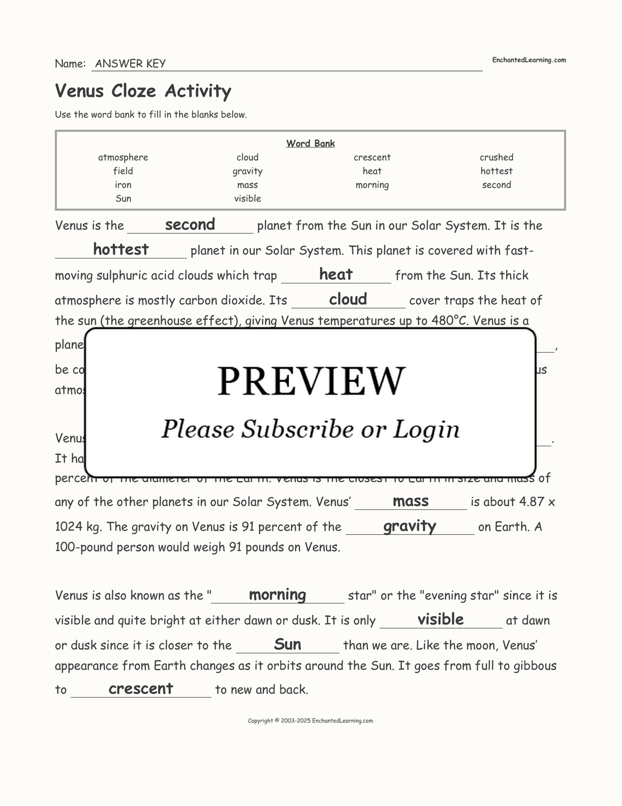 Venus Cloze Activity interactive worksheet page 2