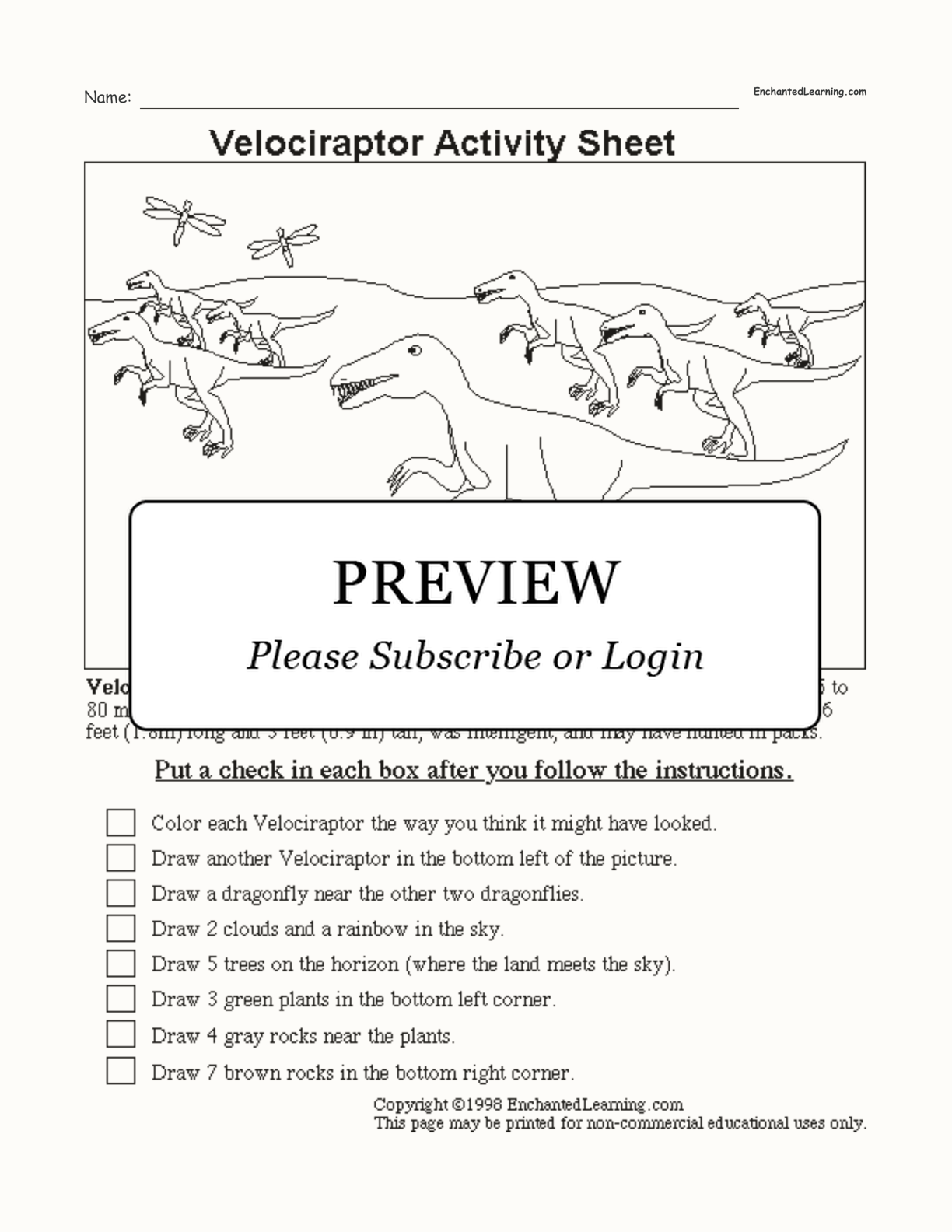 Velociraptor Follow the Instructions Worksheet interactive printout page 1