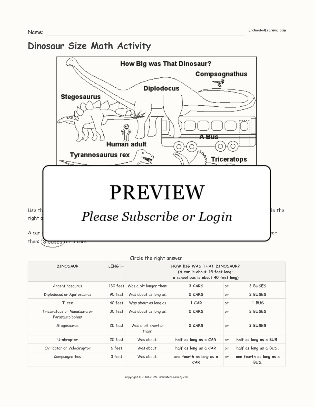 Dinosaur Size Math Activity interactive worksheet page 1