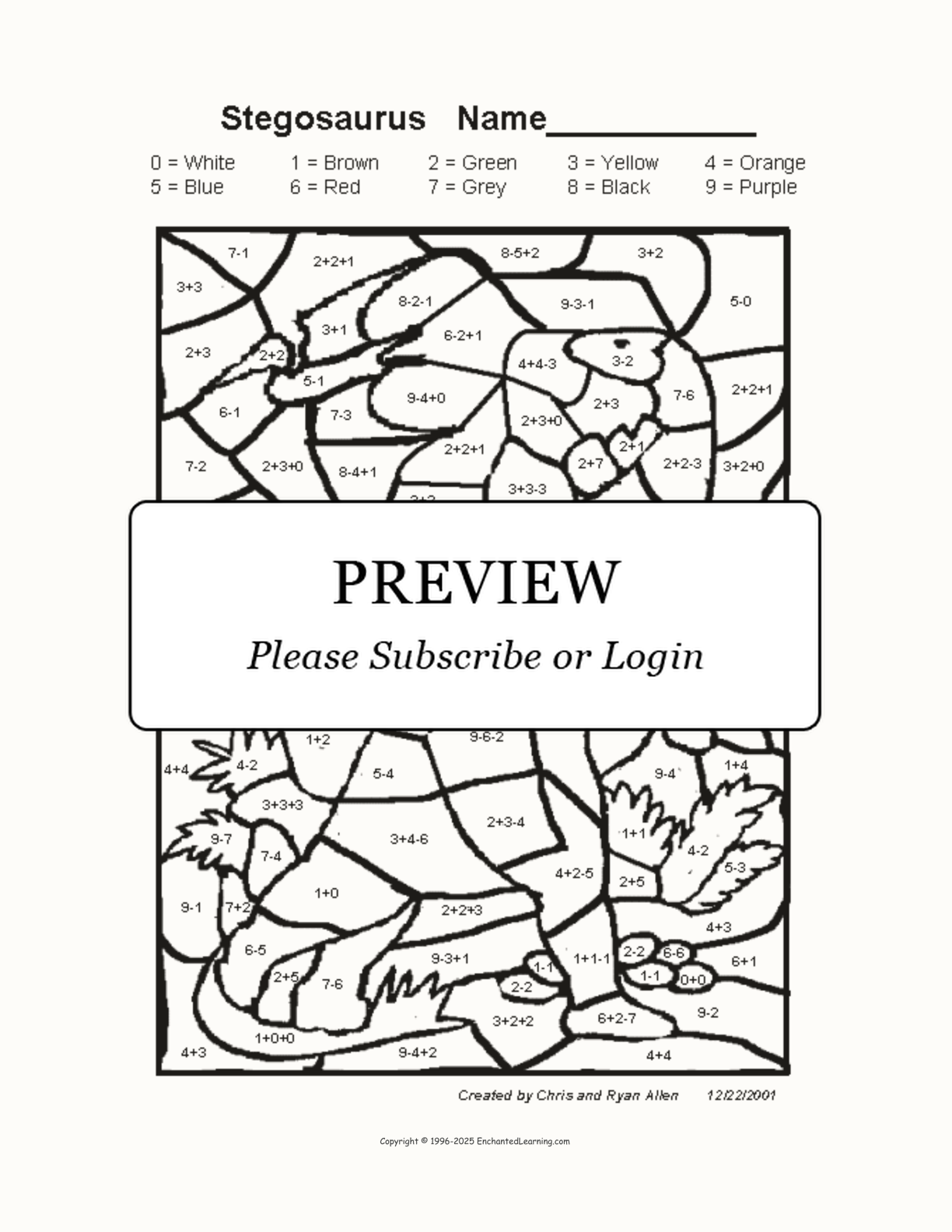 Stegosaurus Math Coloring Printout interactive worksheet page 1