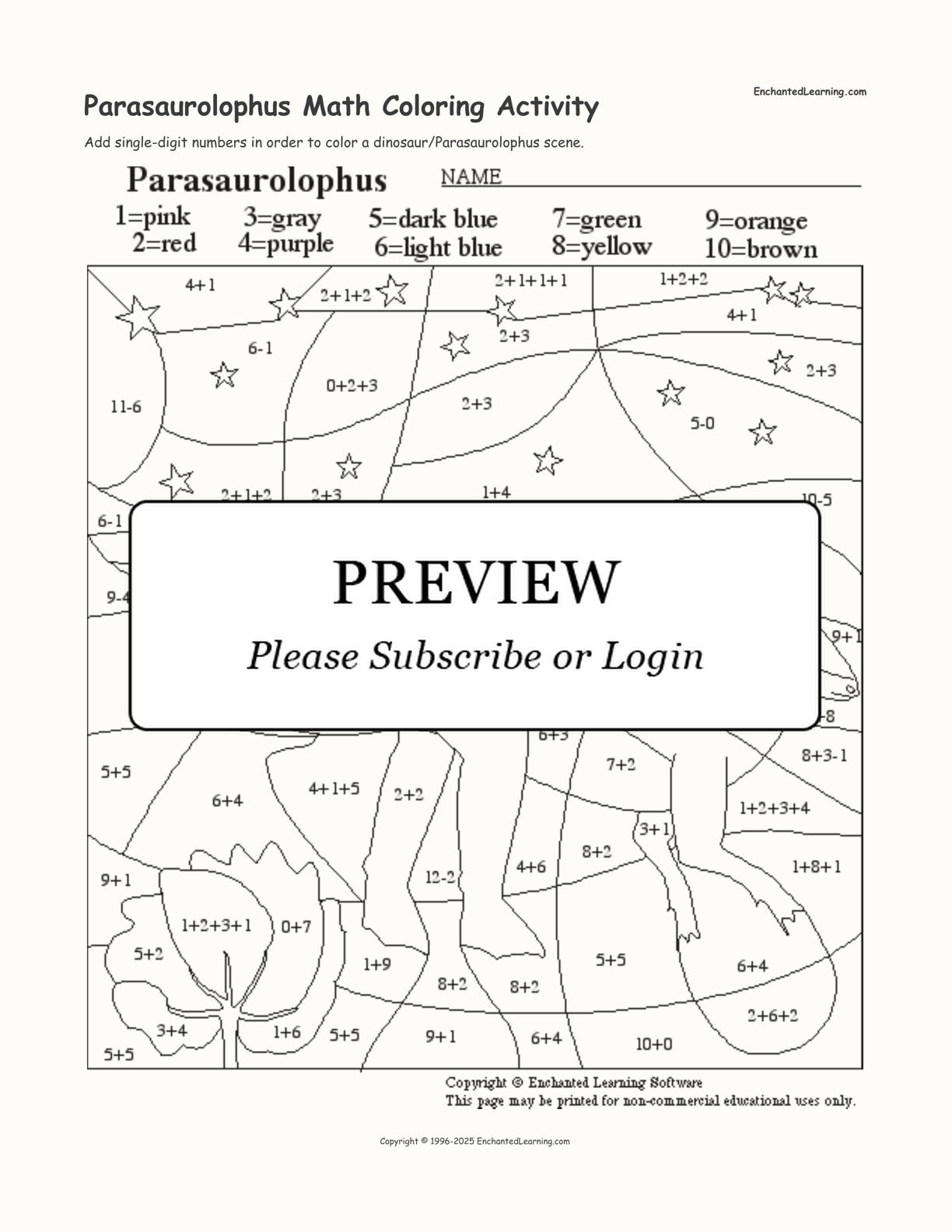 Parasaurolophus Math Coloring Activity interactive worksheet page 1