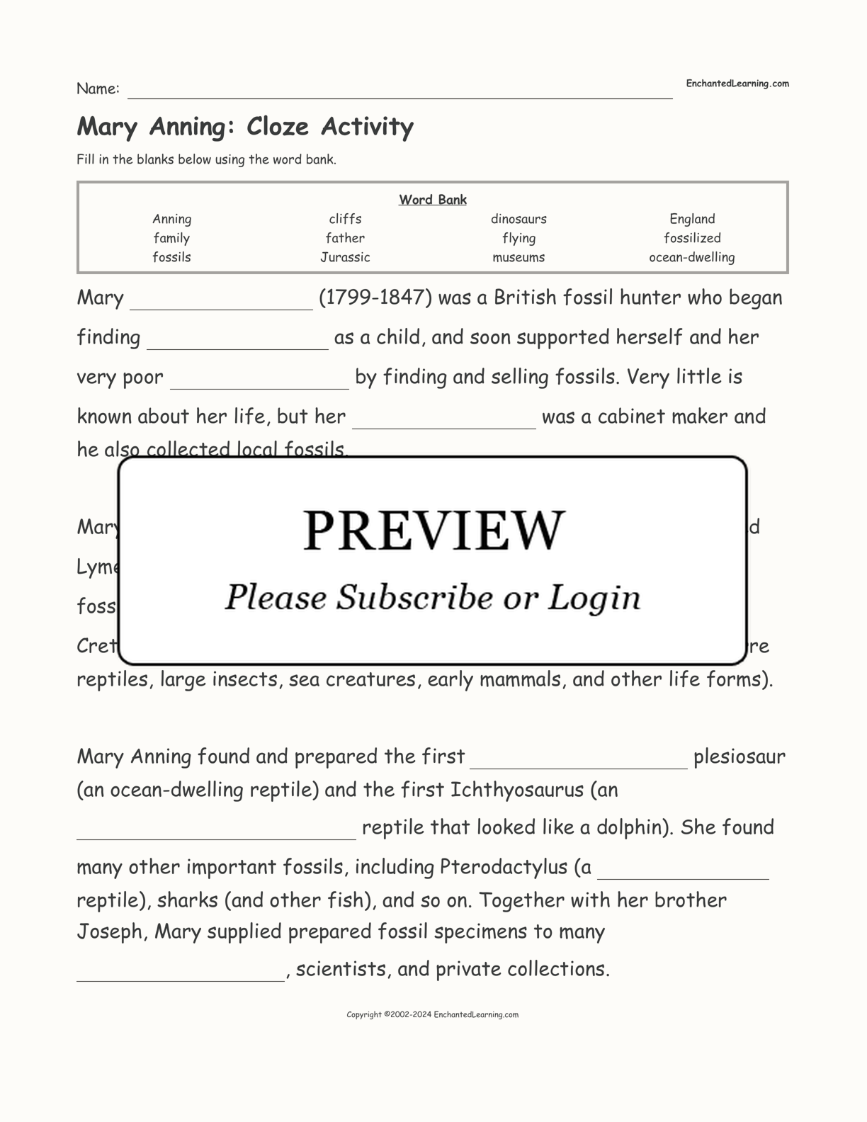 Mary Anning: Cloze Activity interactive worksheet page 1