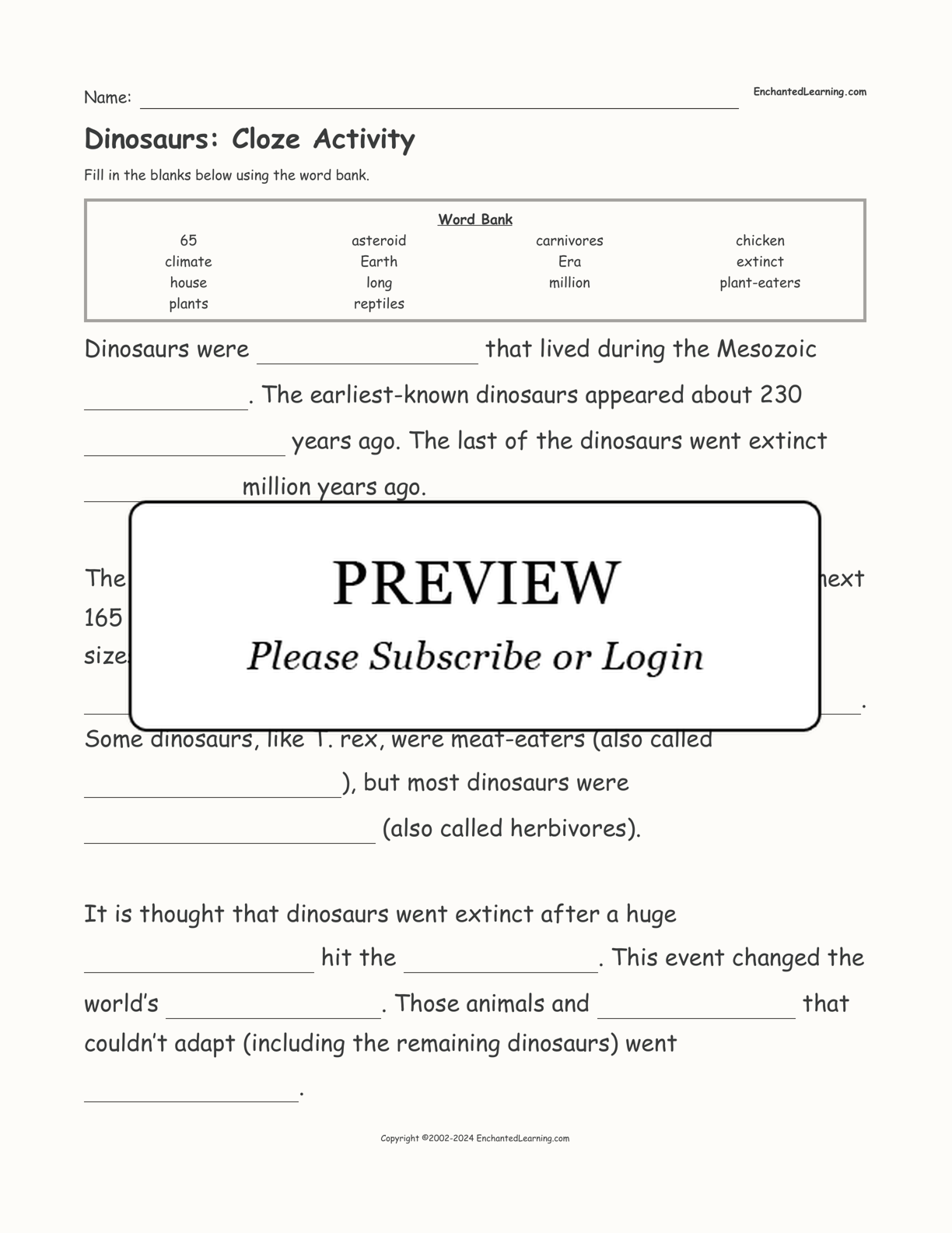 Dinosaurs: Cloze Activity interactive worksheet page 1