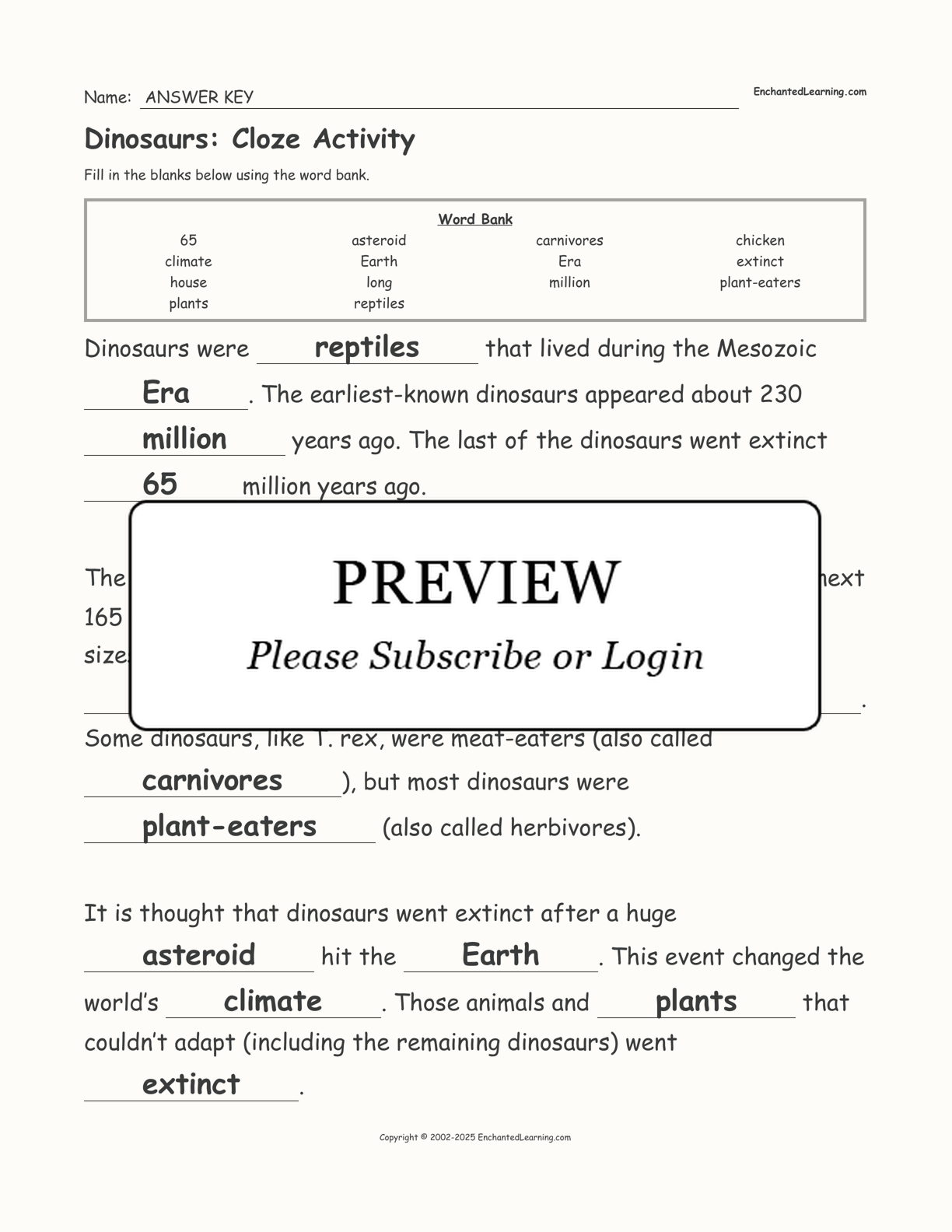 Dinosaurs: Cloze Activity interactive worksheet page 2