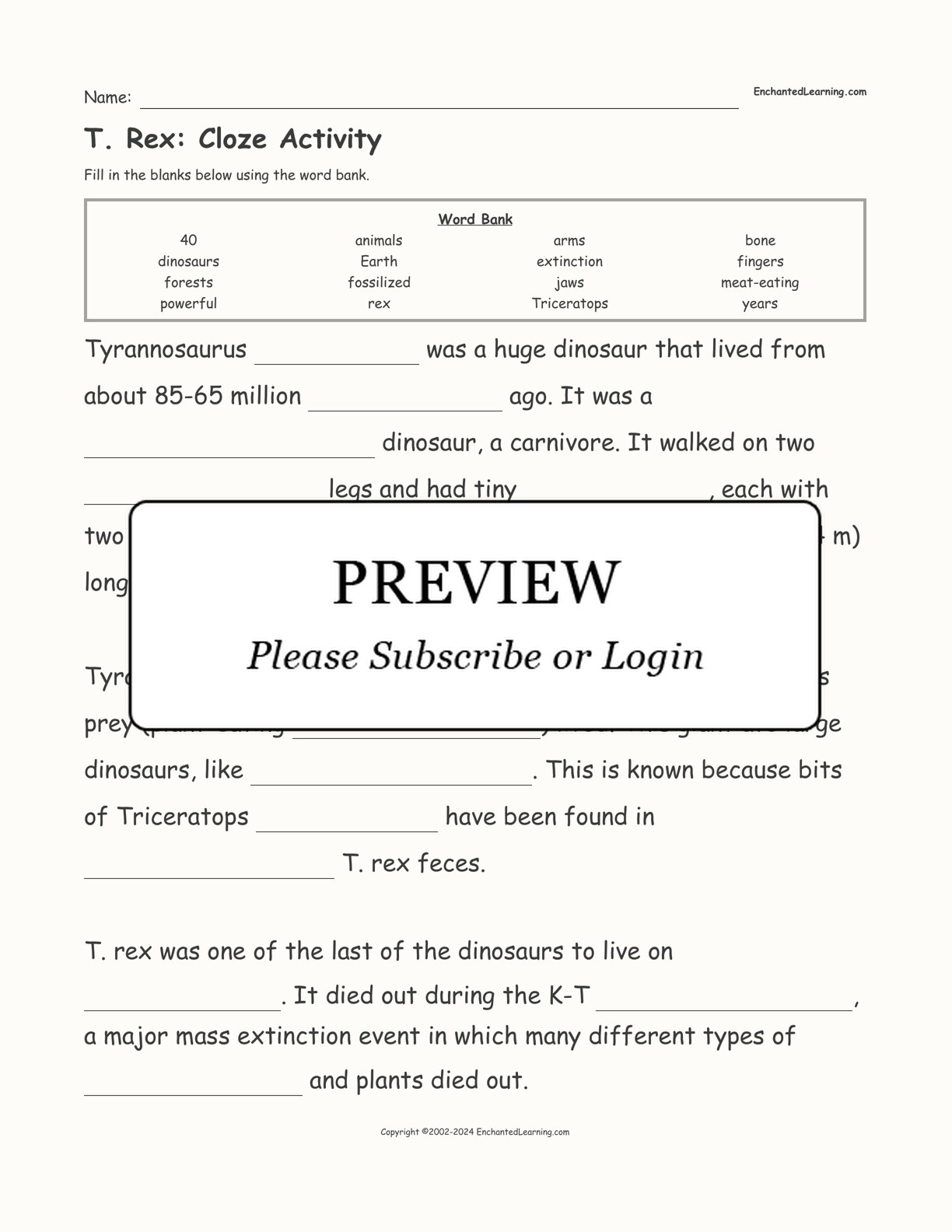 T. Rex: Cloze Activity interactive worksheet page 1