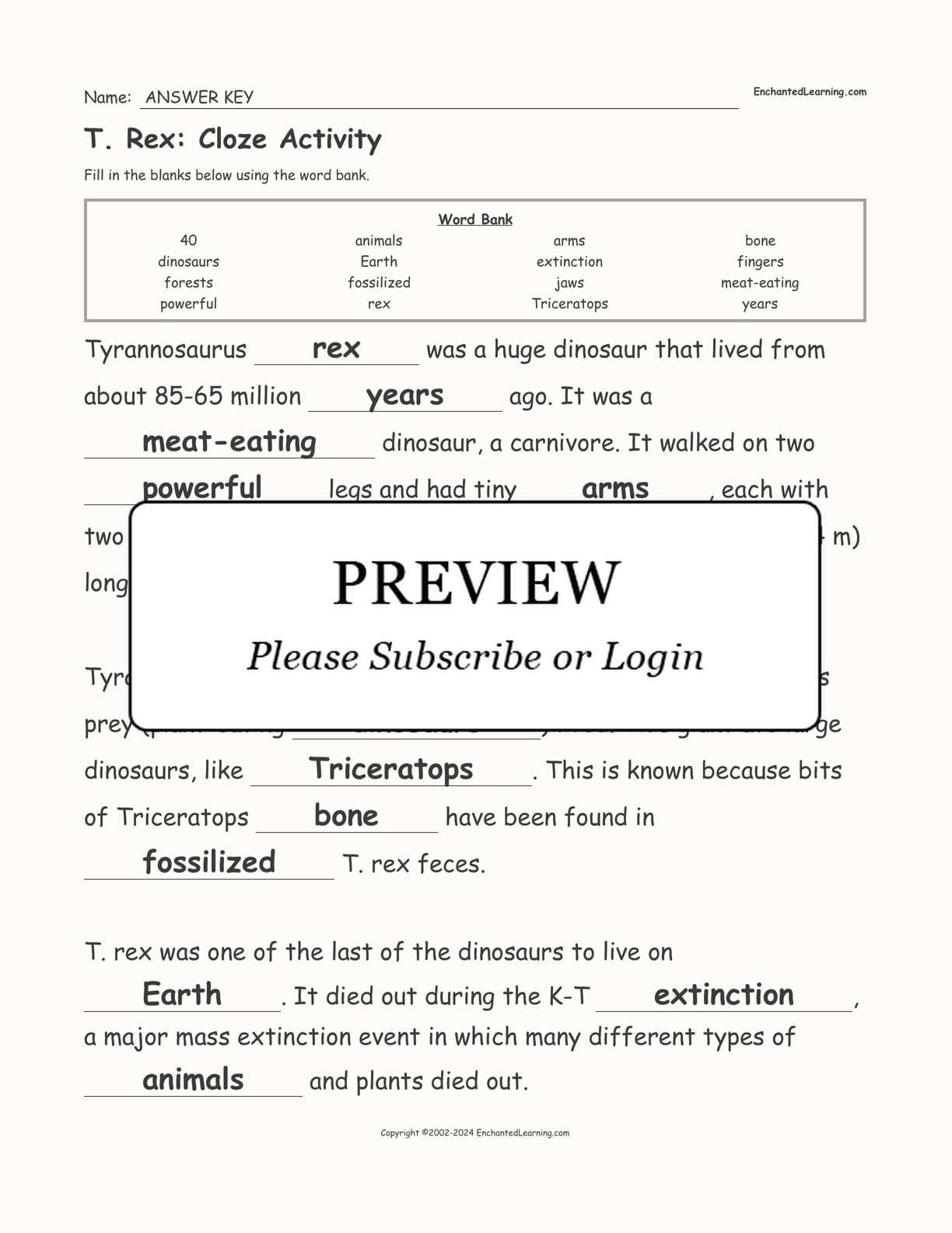 T. Rex: Cloze Activity interactive worksheet page 2