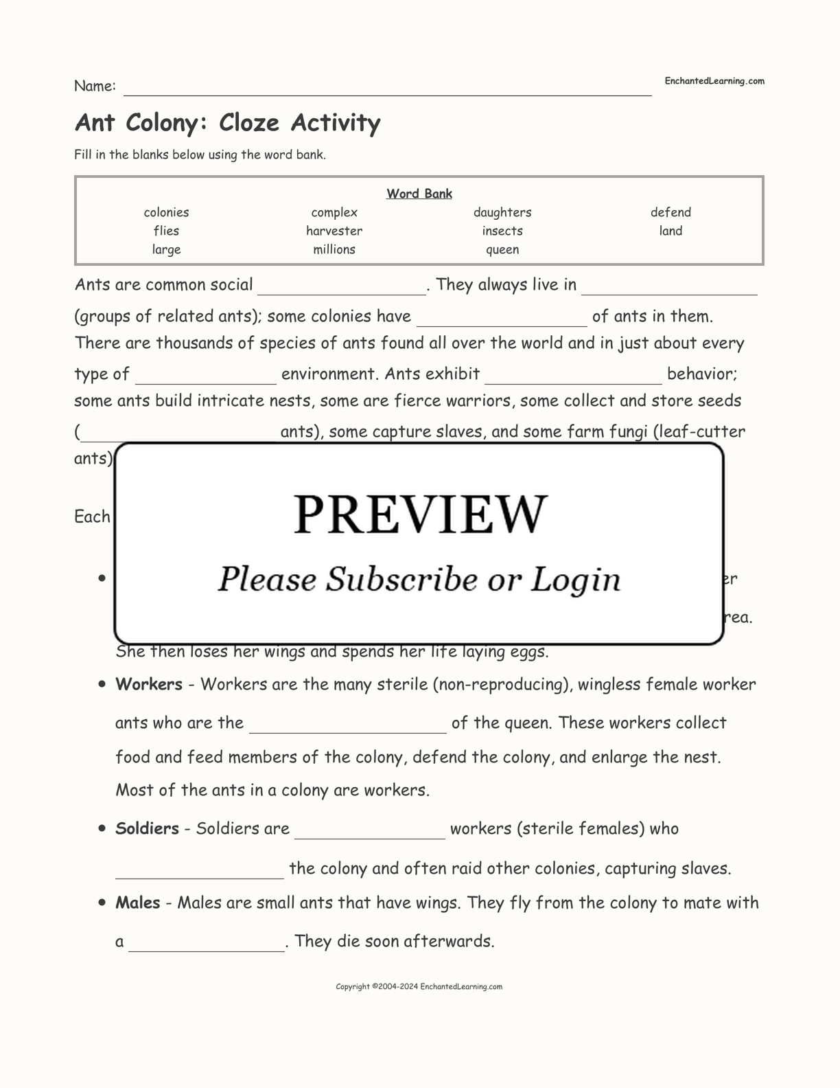 Ant Colony: Cloze Activity interactive worksheet page 1