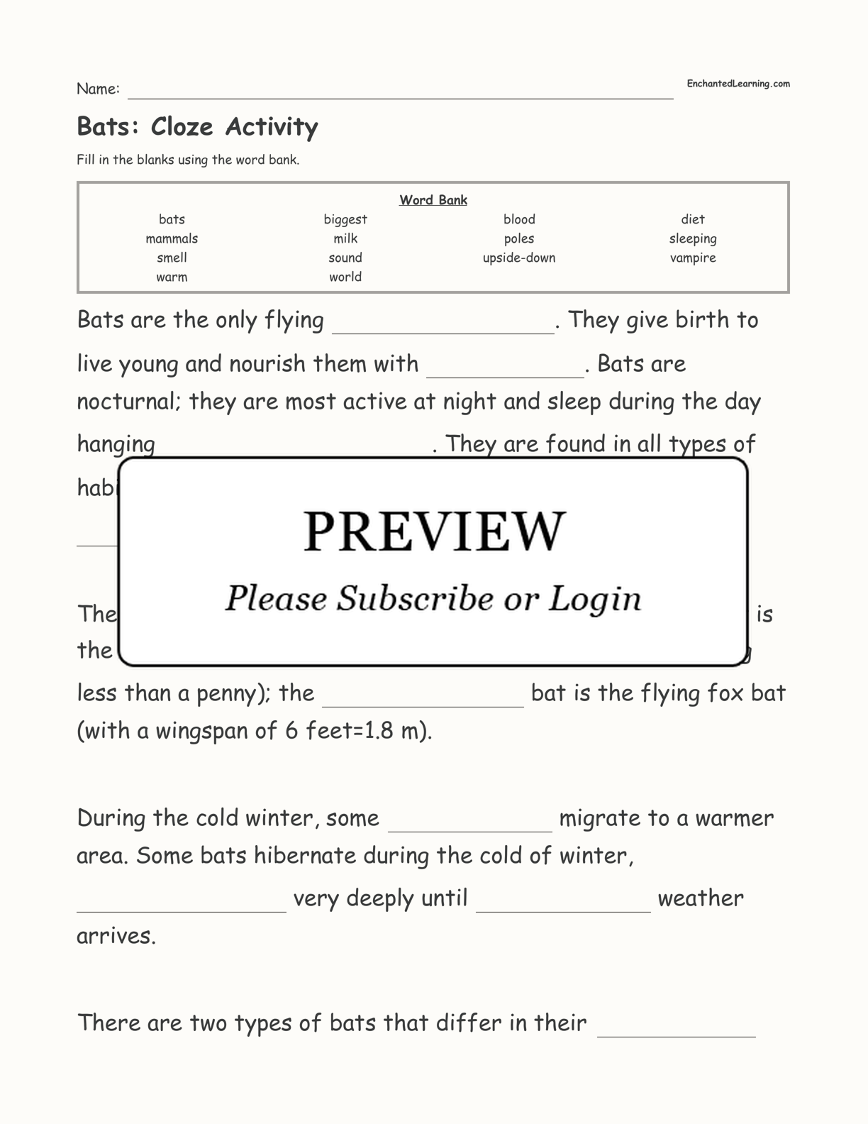 Bats: Cloze Activity interactive worksheet page 1