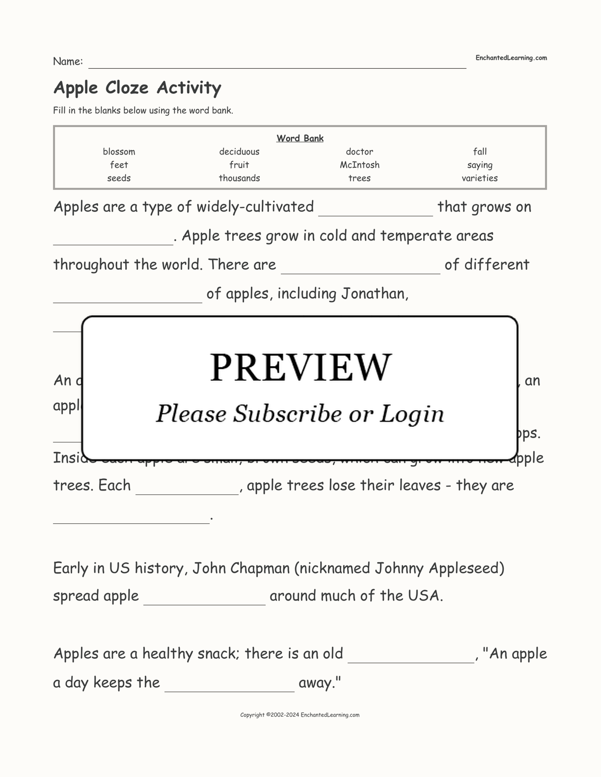 Apple Cloze Activity interactive worksheet page 1