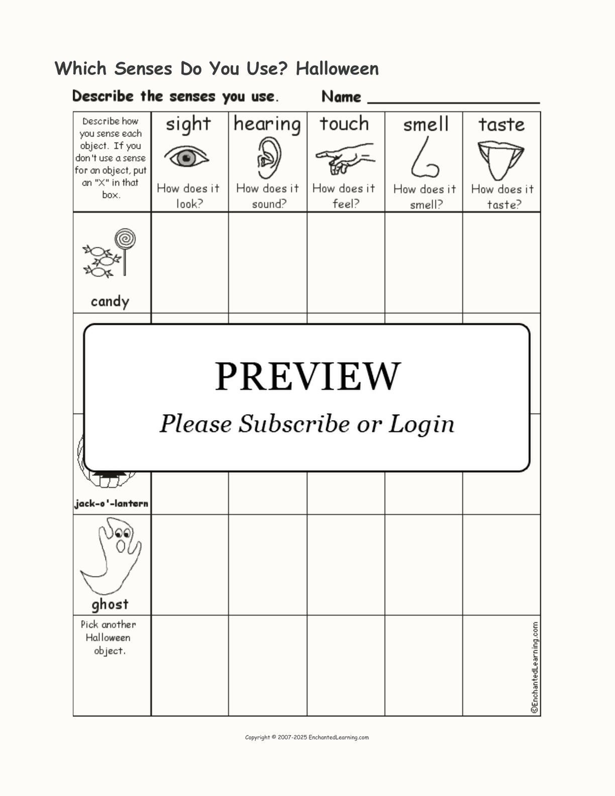 Which Senses Do You Use? Halloween interactive printout page 1