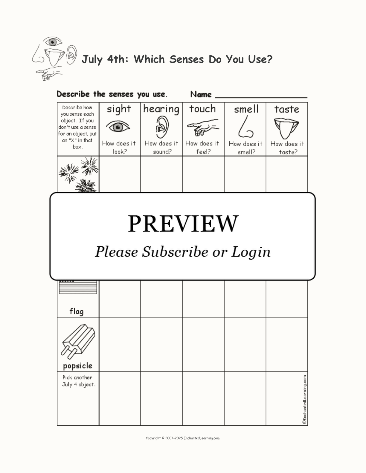 July 4th: Which Senses Do You Use? interactive printout page 1