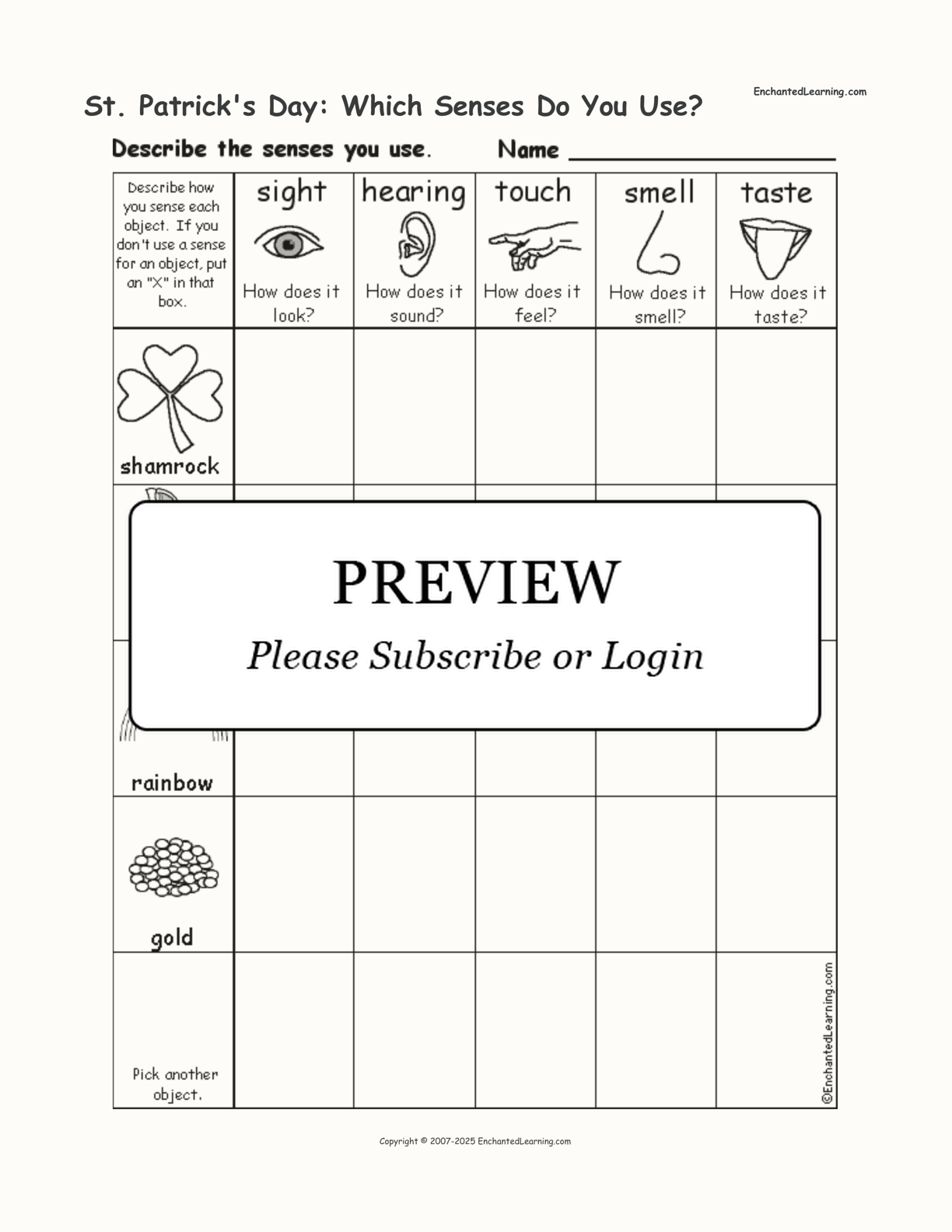 St. Patrick's Day: Which Senses Do You Use? interactive printout page 1