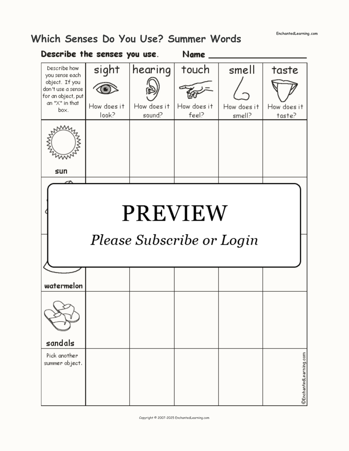 Which Senses Do You Use? Summer Words interactive worksheet page 1