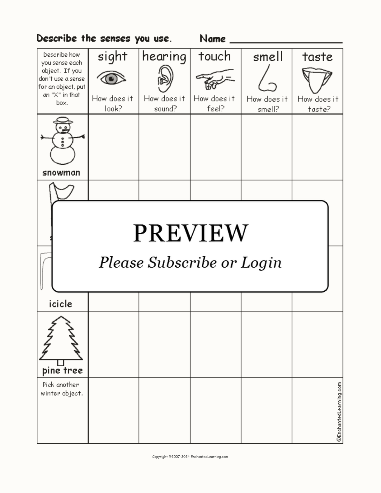 Which Senses Do You Use? Winter Printout interactive worksheet page 1