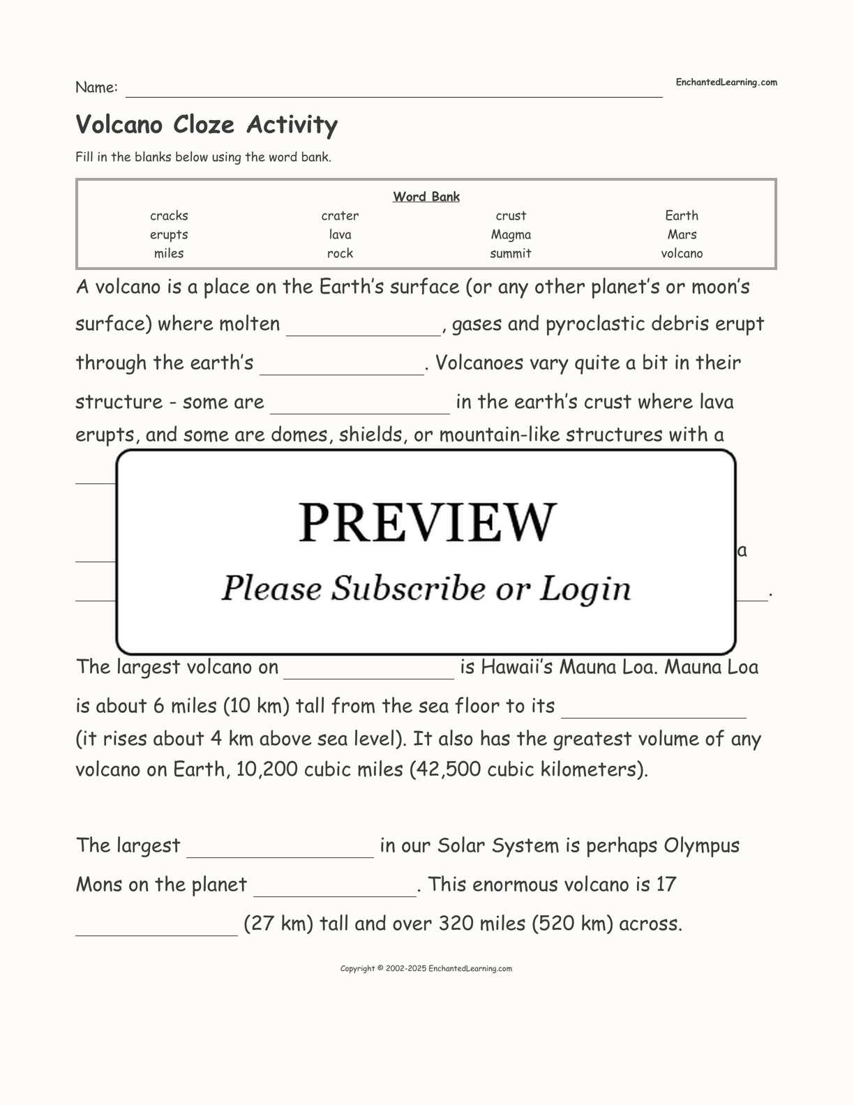 Volcano Cloze Activity interactive worksheet page 1