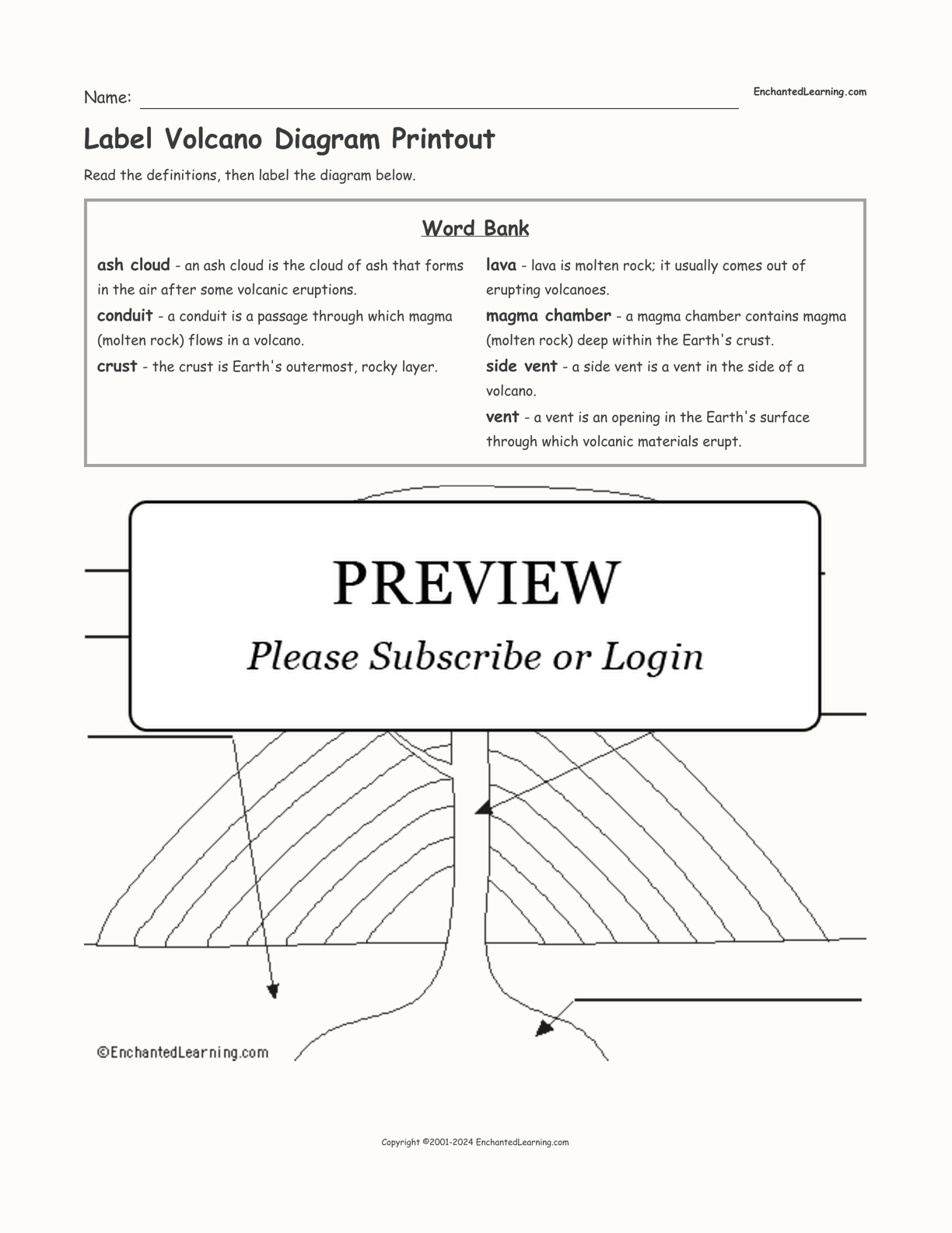 Label Volcano Diagram Printout interactive worksheet page 1