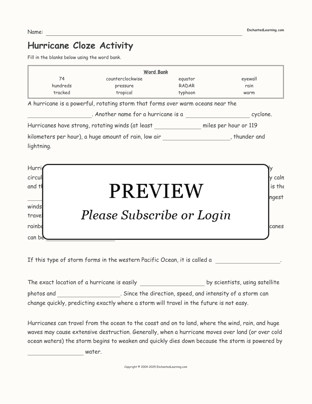 Hurricane Cloze Activity interactive worksheet page 1