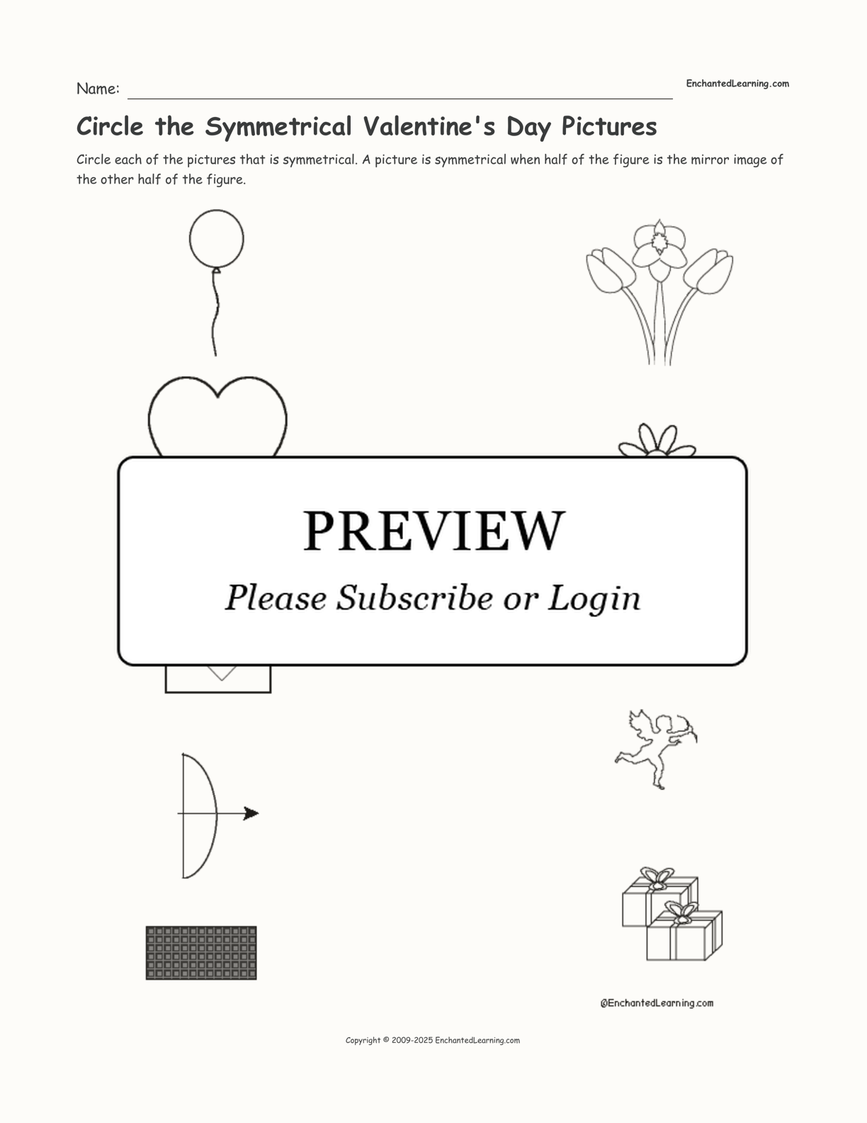 Circle the Symmetrical Valentine's Day Pictures interactive worksheet page 1