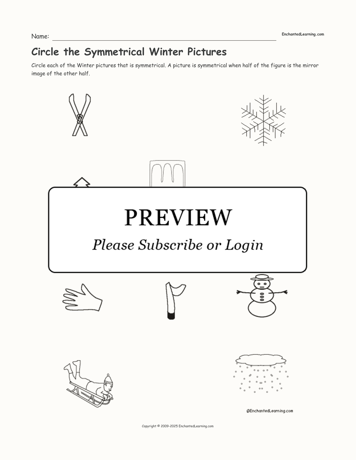 Circle the Symmetrical Winter Pictures interactive worksheet page 1