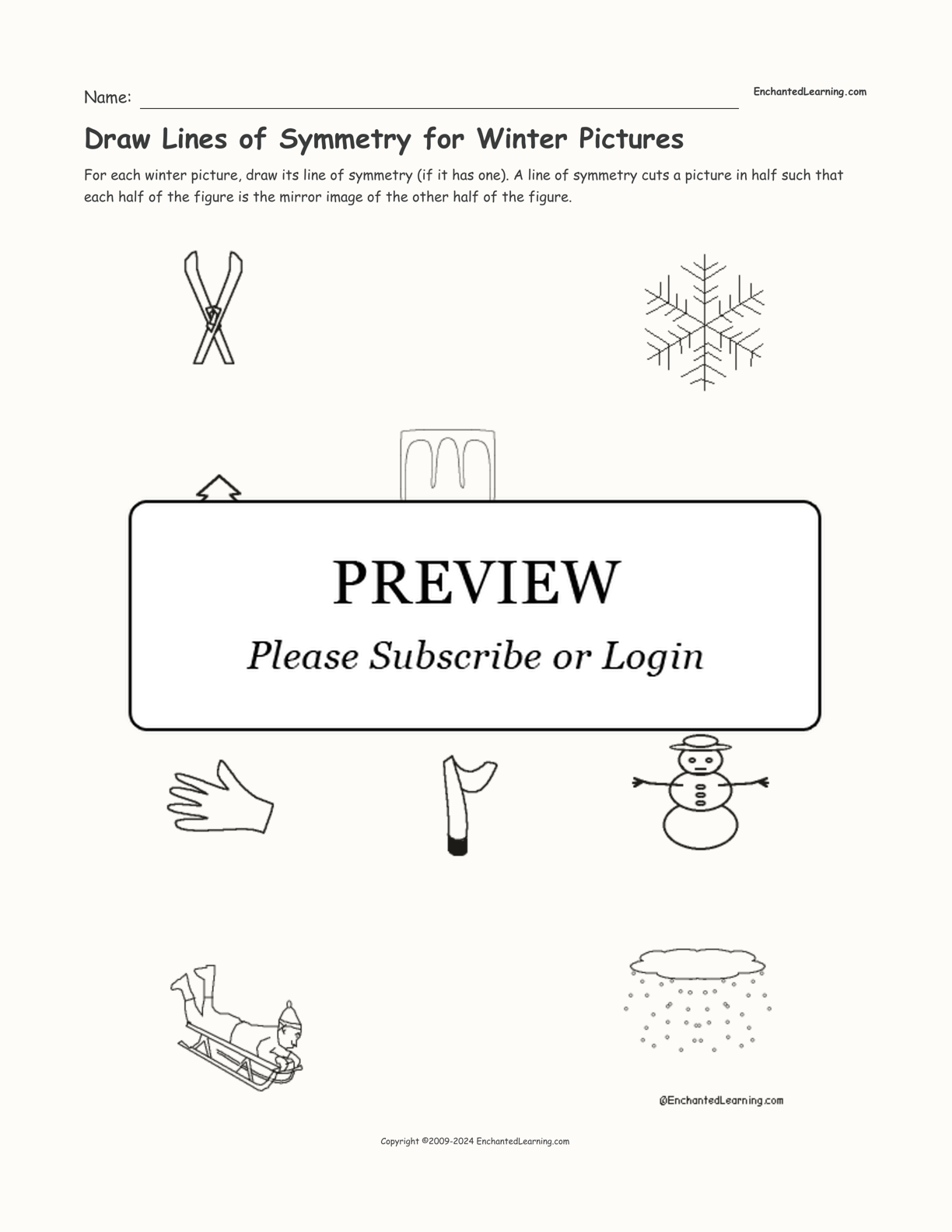 Draw Lines of Symmetry for Winter Pictures interactive worksheet page 1