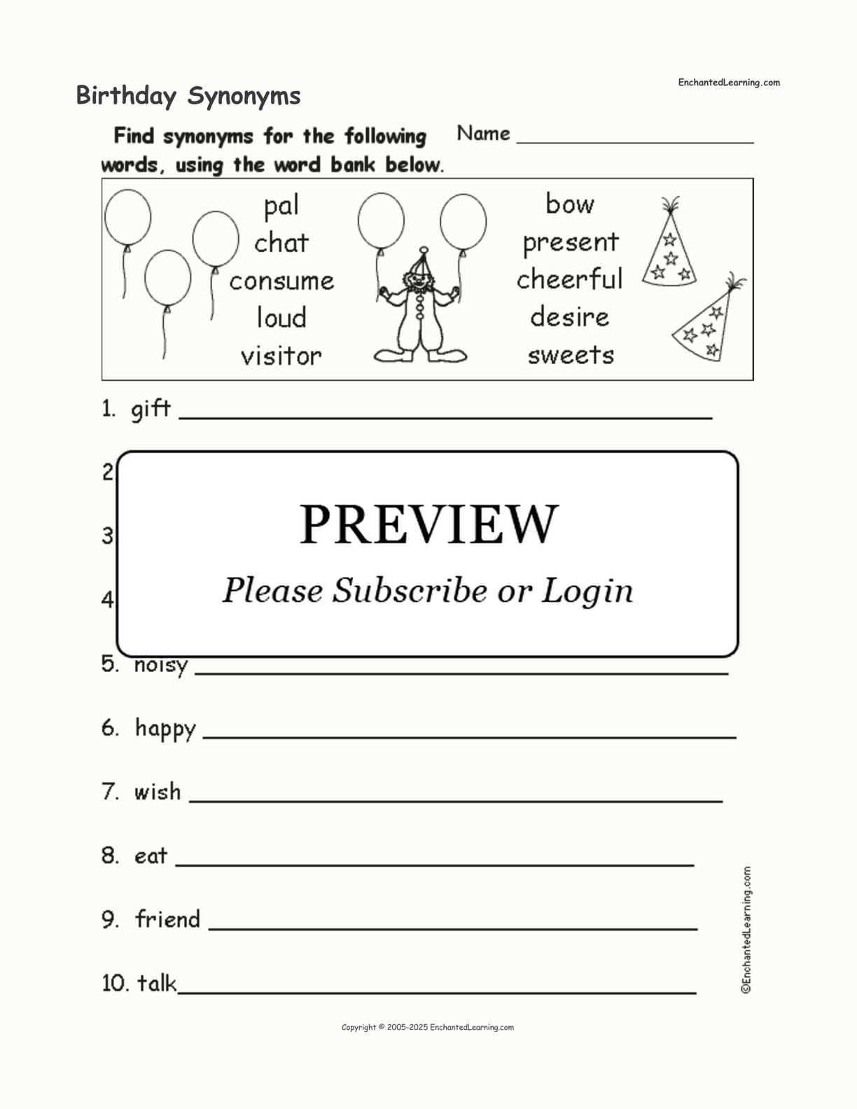 Birthday Synonyms interactive worksheet page 1