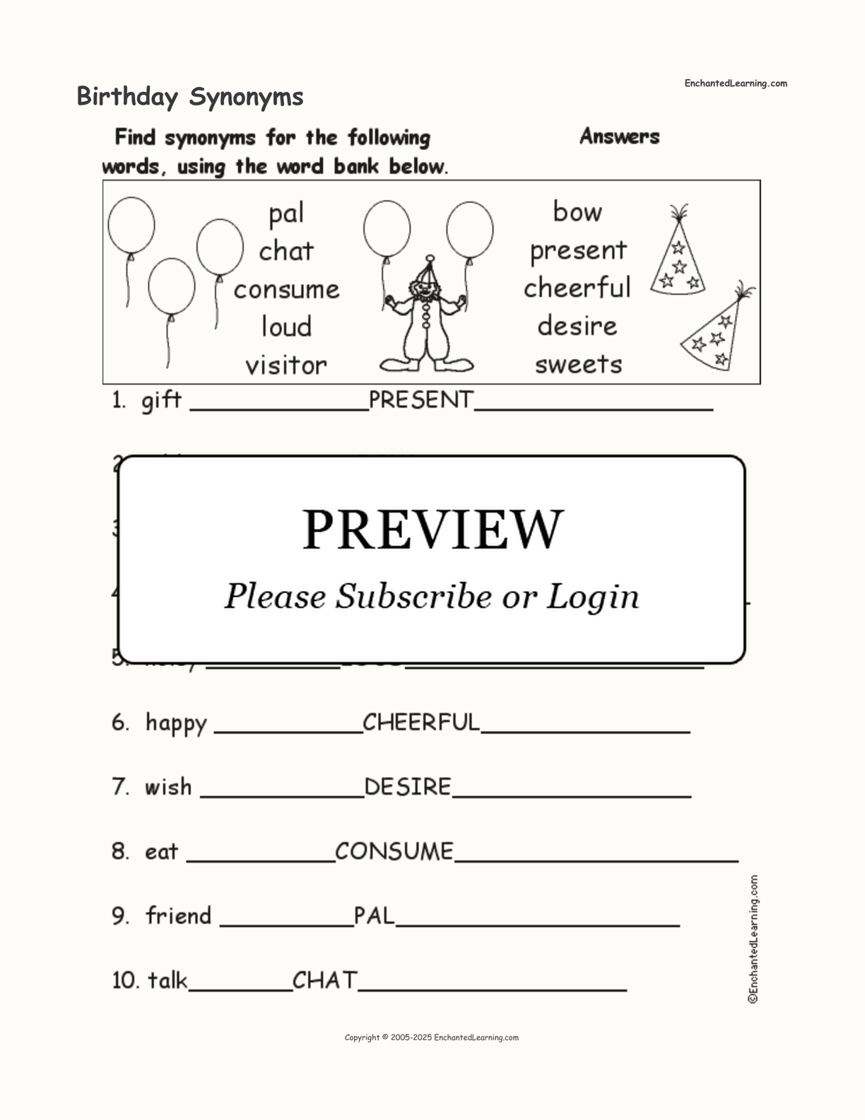 Birthday Synonyms interactive worksheet page 2