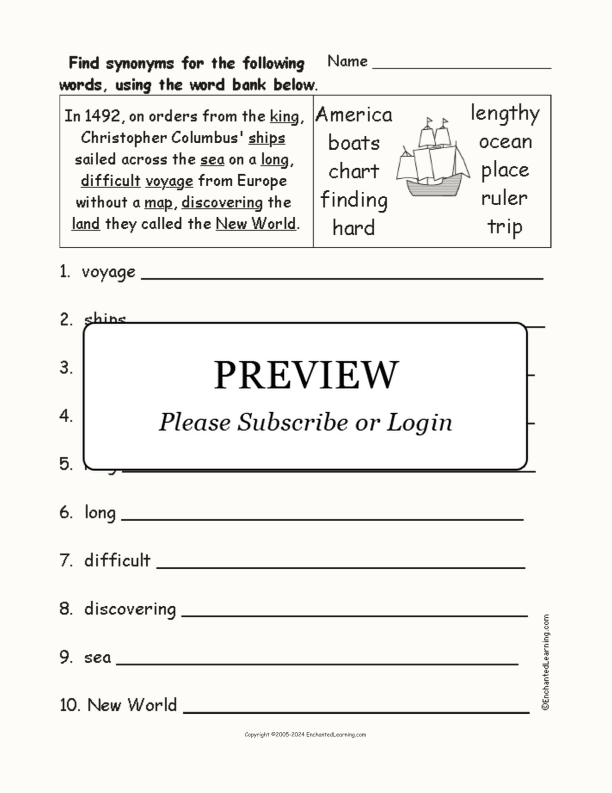 Columbus Day Synonyms interactive worksheet page 1