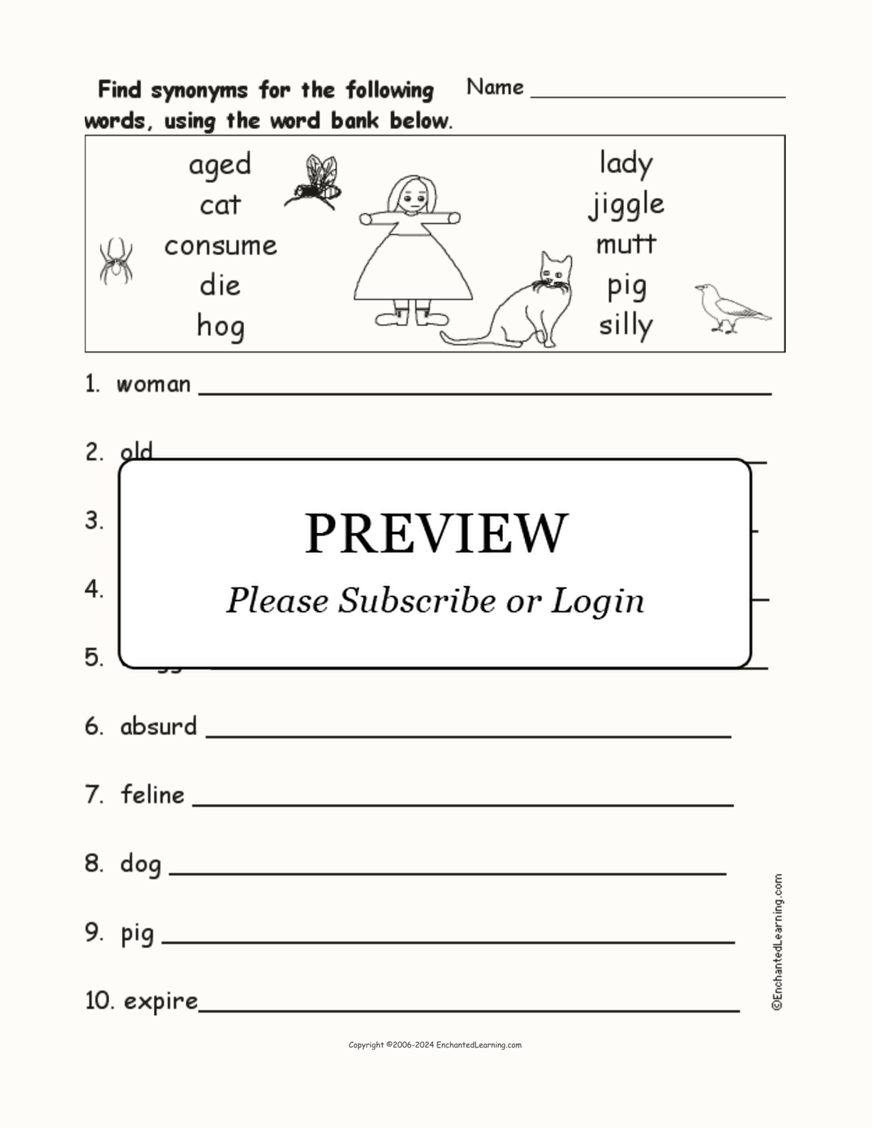'The Lady Who Swallowed a Fly' Synonyms interactive worksheet page 1