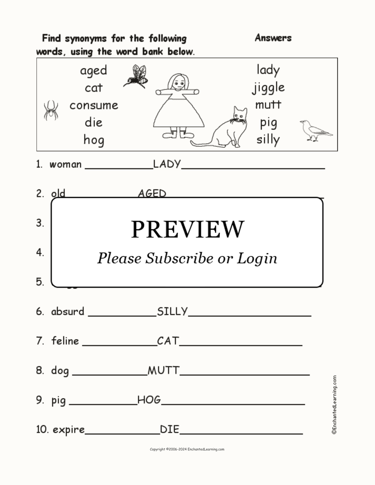 'The Lady Who Swallowed a Fly' Synonyms interactive worksheet page 2